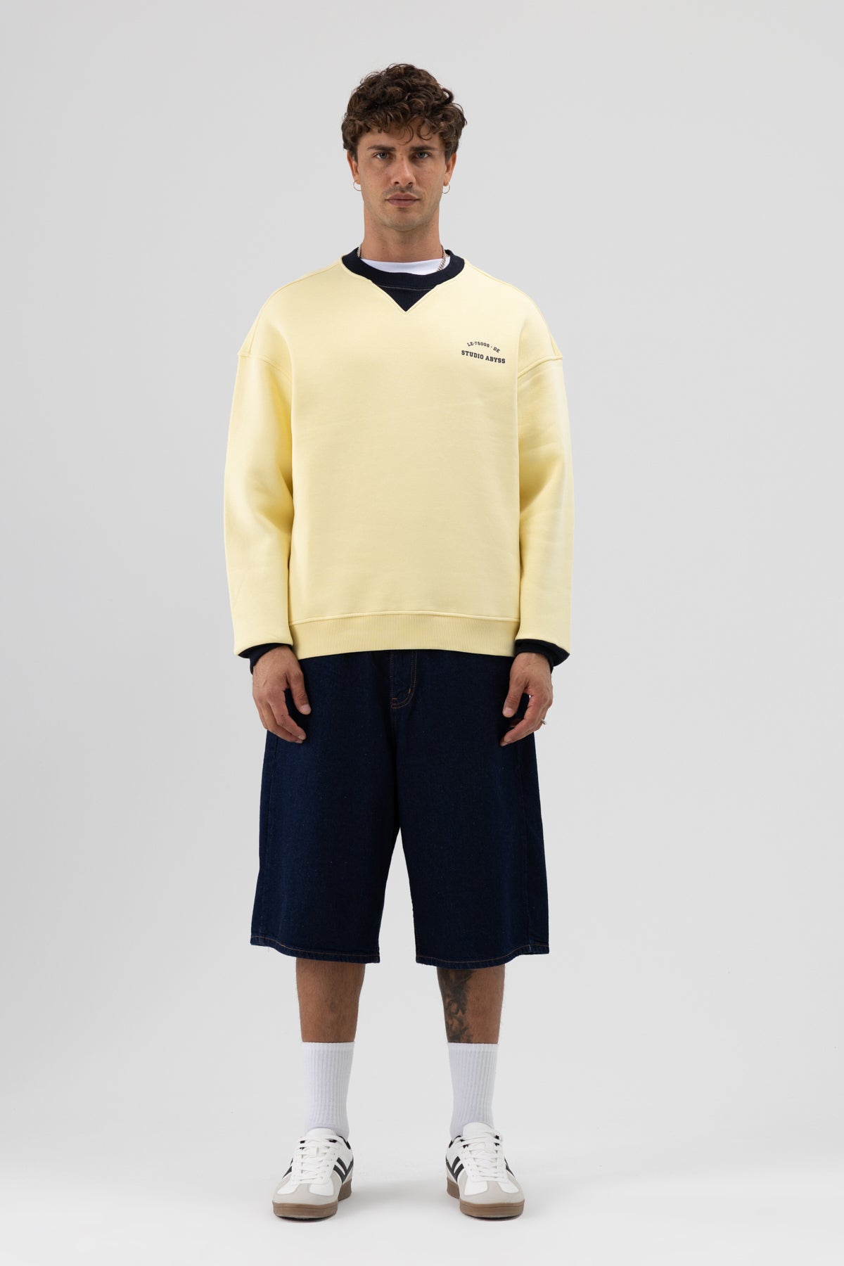 Oversize Bisiklet Yaka Baskılı Sweatshirt Sarı