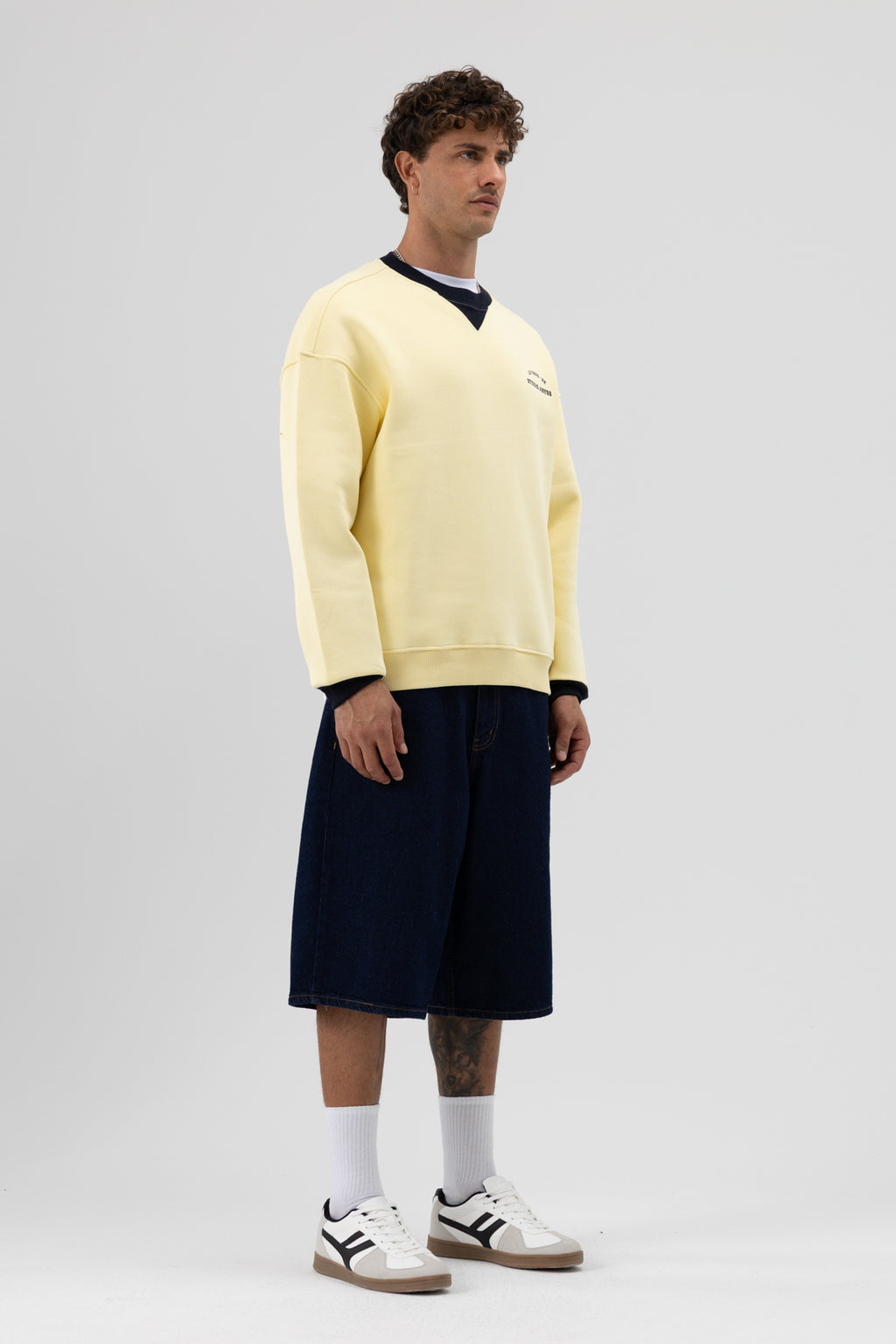 Oversize Bisiklet Yaka Baskılı Sweatshirt Sarı