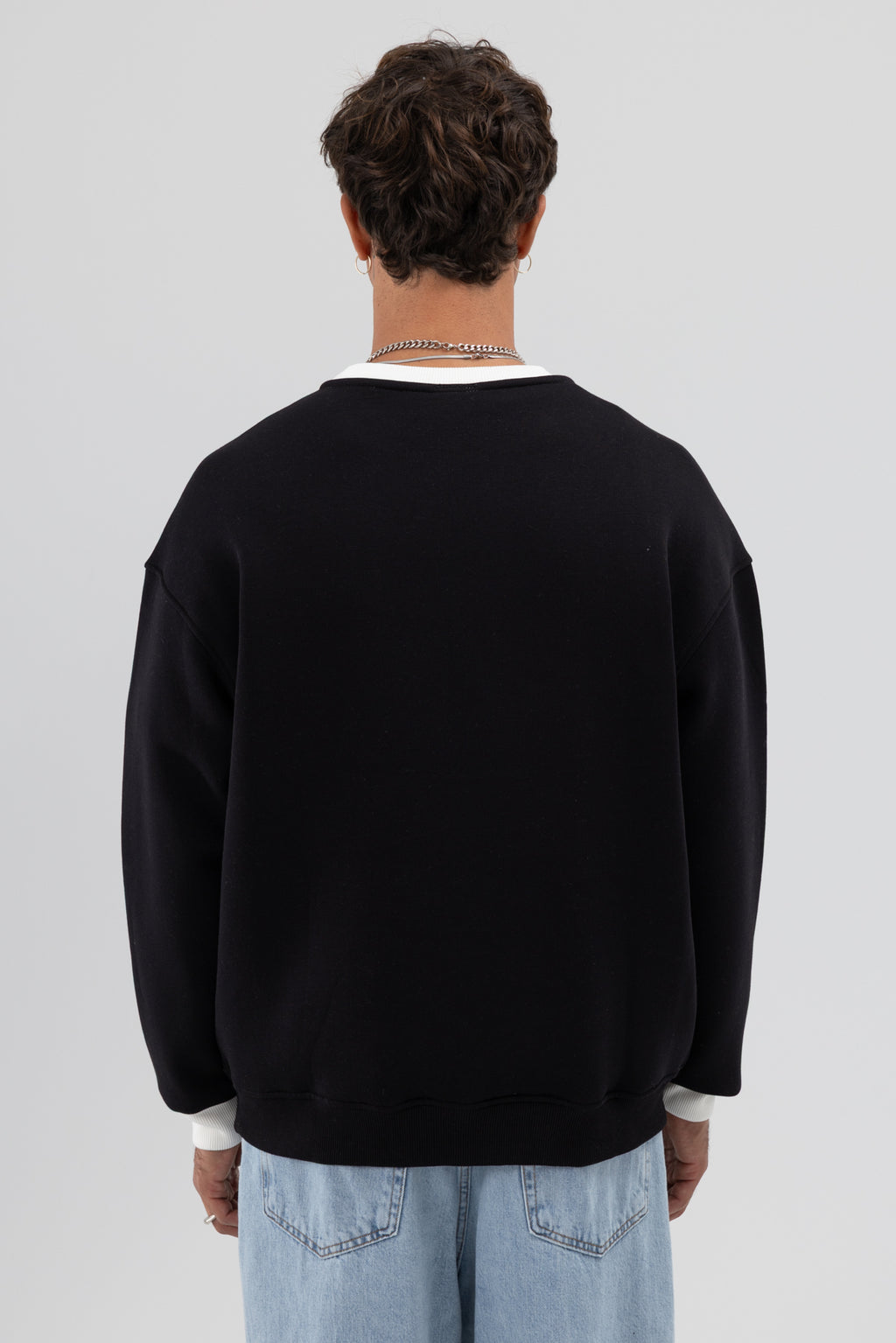 Oversize Bisiklet Yaka Baskılı Sweatshirt Siyah