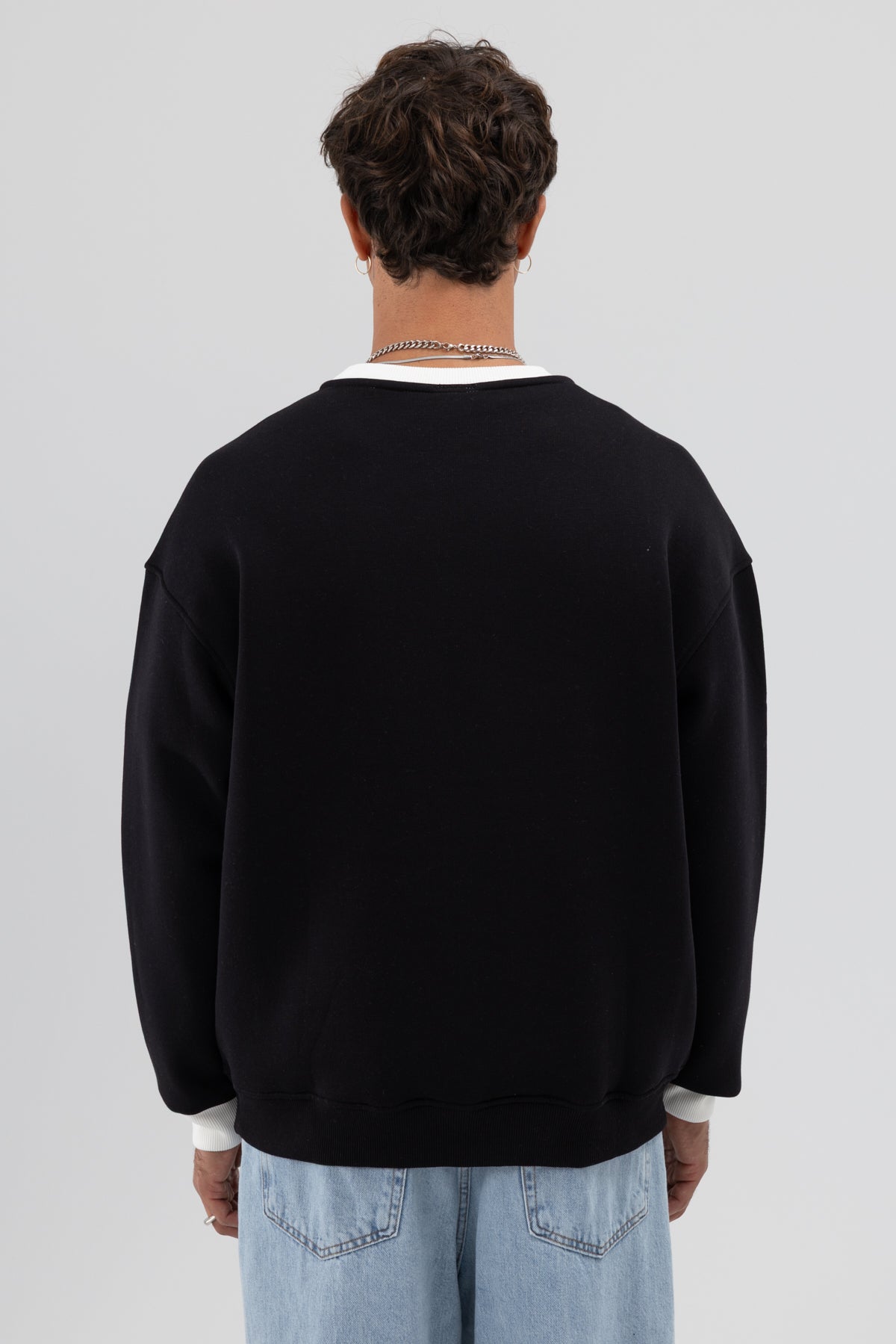 Oversize Bisiklet Yaka Baskılı Sweatshirt Siyah