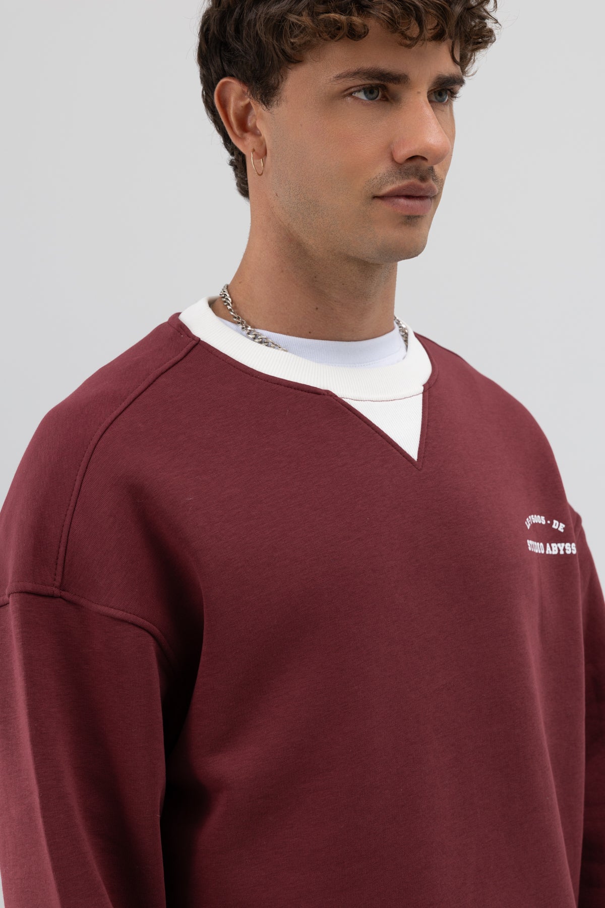 Oversize Bisiklet Yaka Baskılı Sweatshirt Bordo