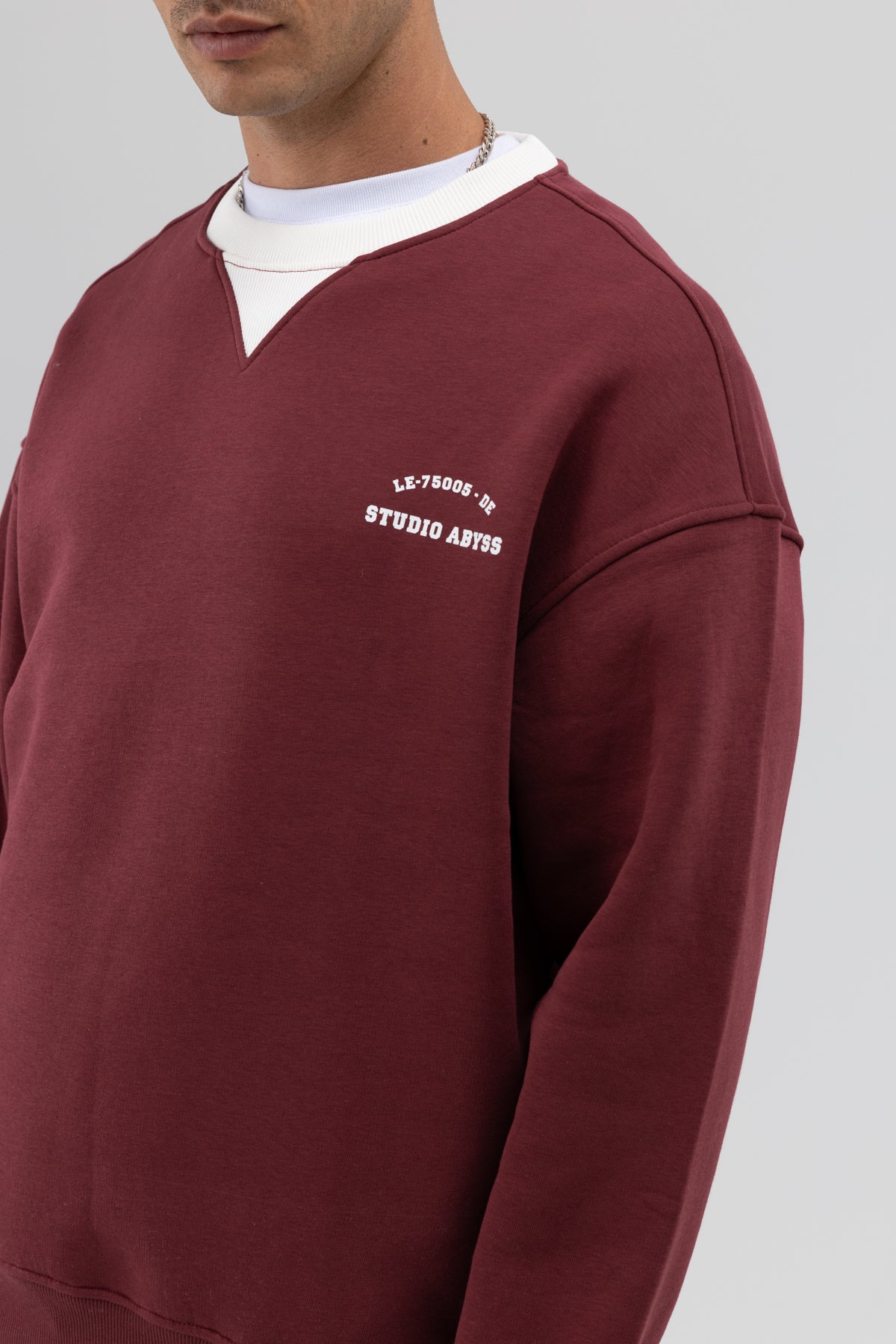 Oversize Bisiklet Yaka Baskılı Sweatshirt Bordo