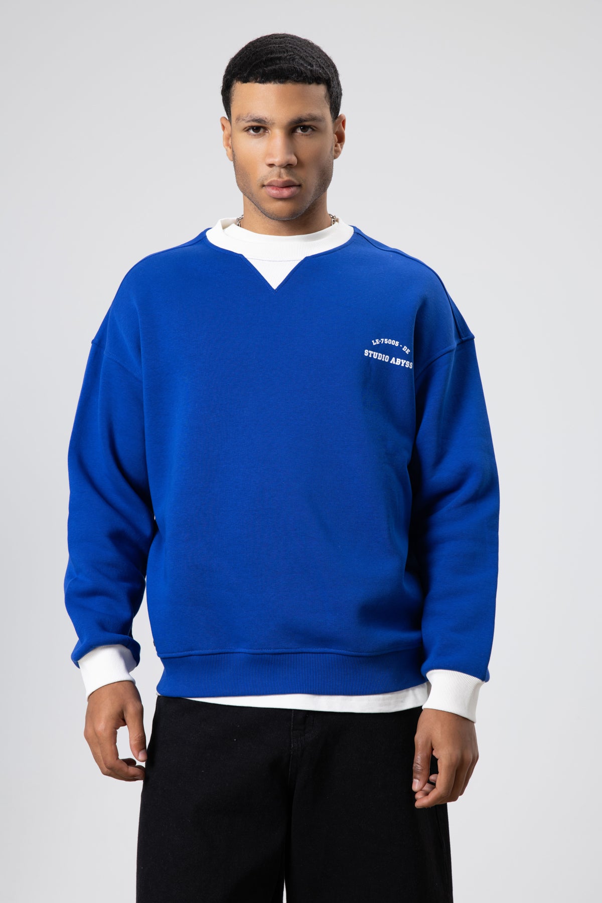 Oversize Bisiklet Yaka Baskılı Sweatshirt Saks