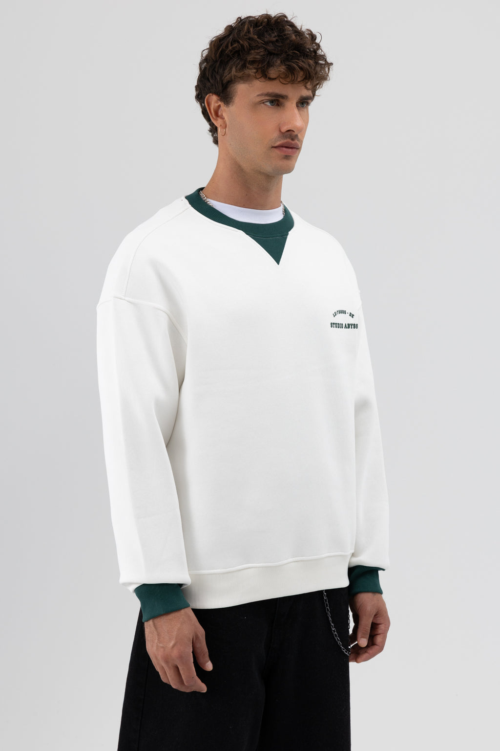 Oversize Bisiklet Yaka Baskılı Sweatshirt Ekru