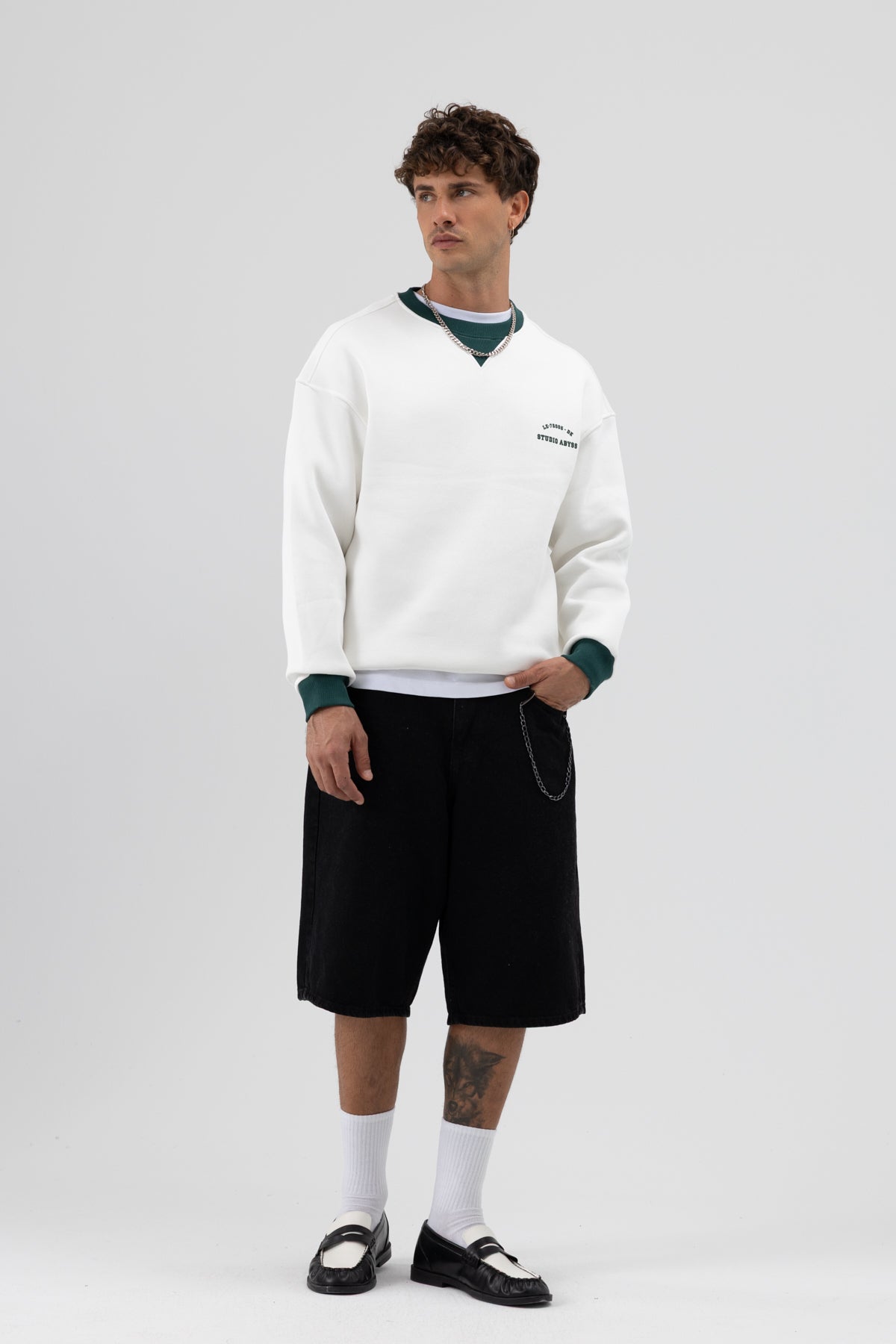 Oversize Bisiklet Yaka Baskılı Sweatshirt Ekru