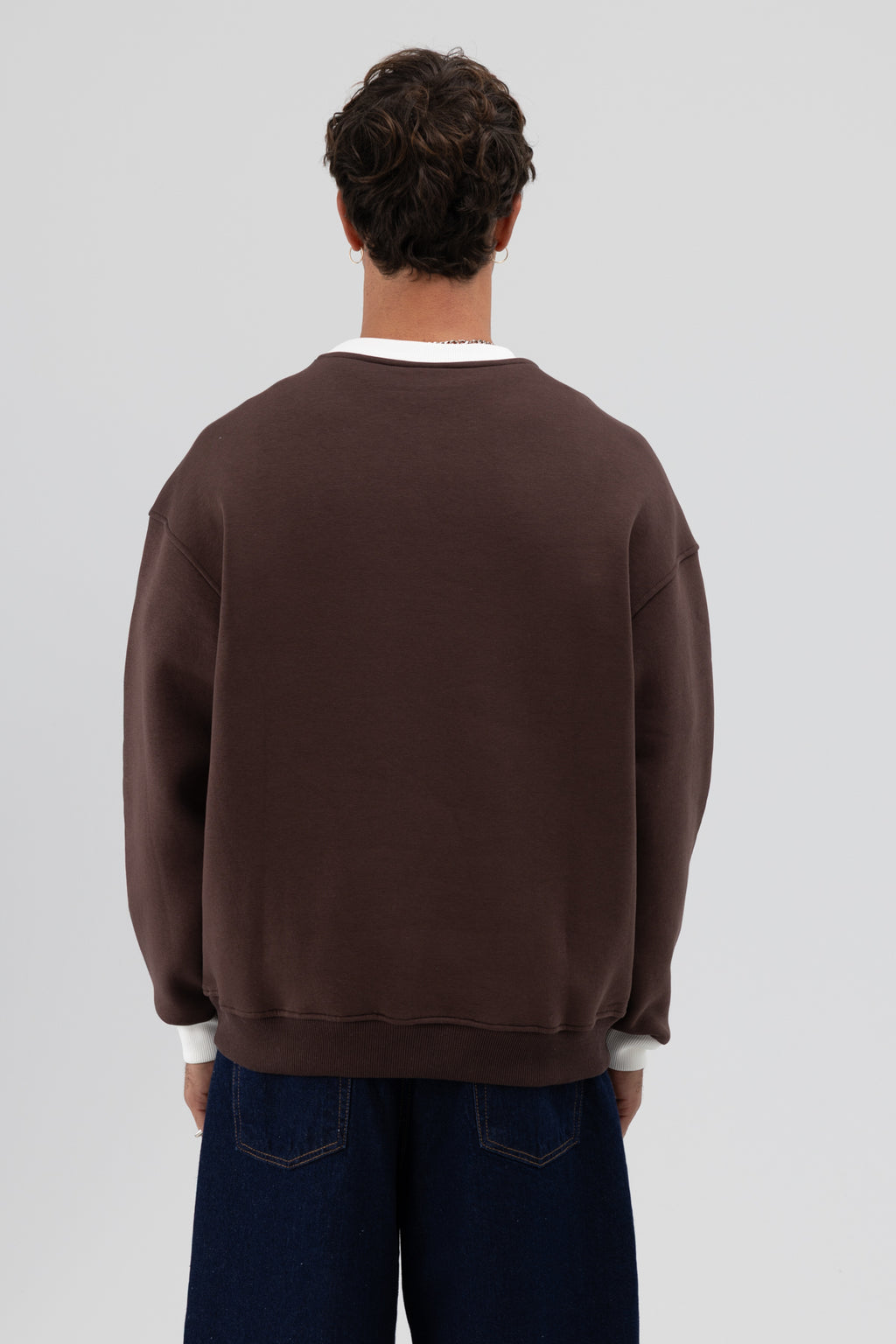 Oversize Bisiklet Yaka Baskılı Sweatshirt Kahve