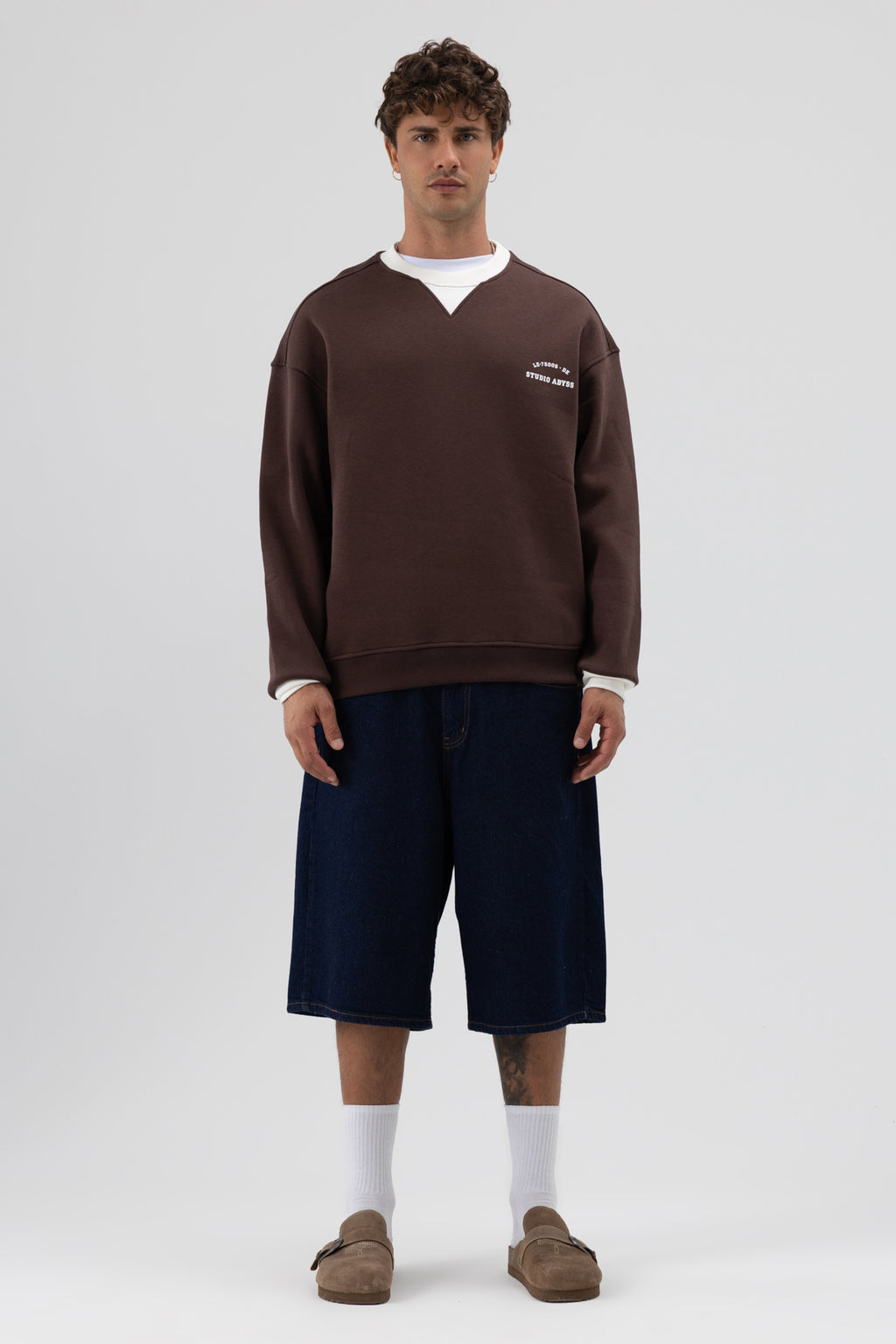 Oversize Bisiklet Yaka Baskılı Sweatshirt Kahve