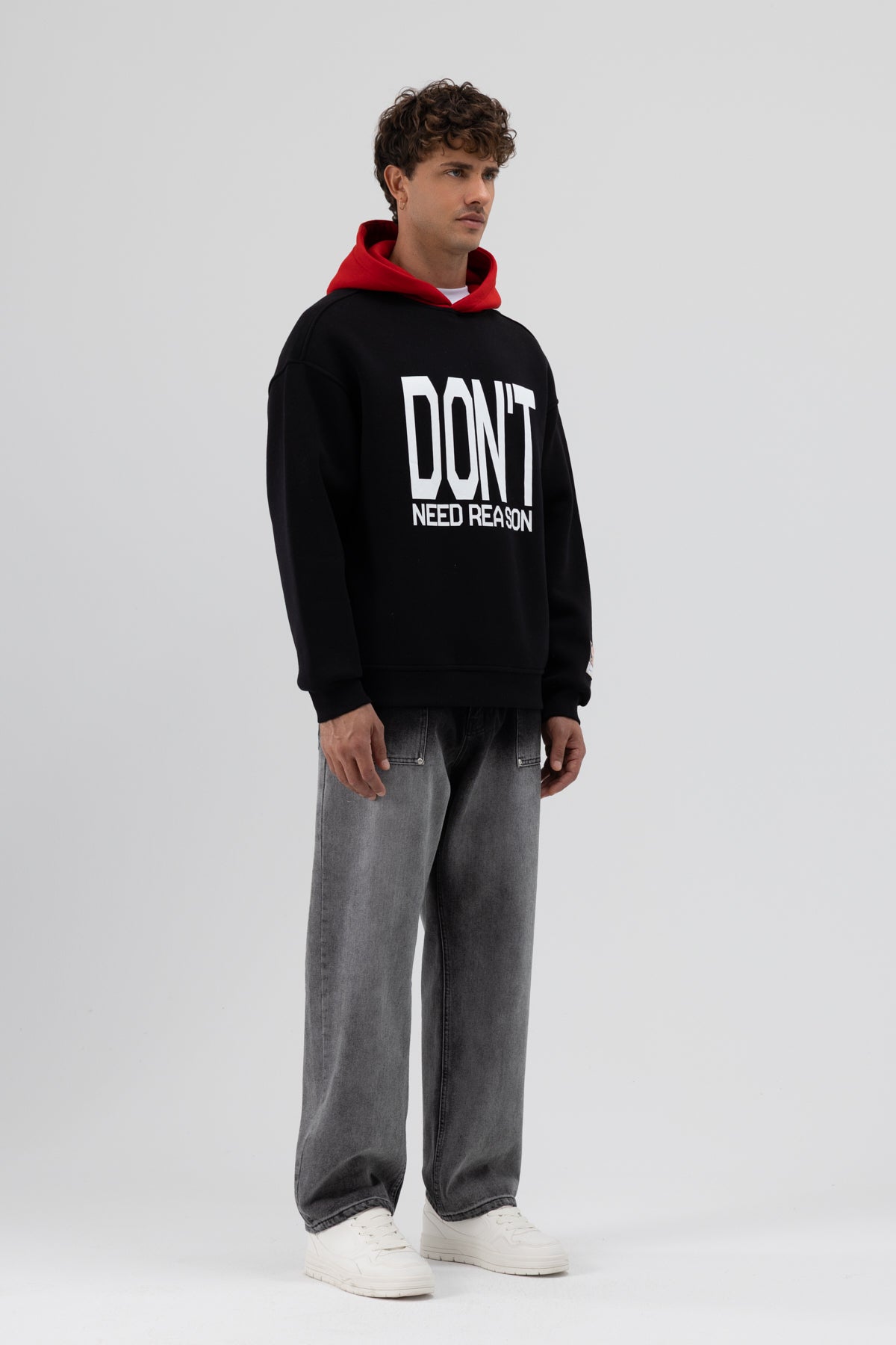 Çift Renk Baskılı Oversize Sweatshirt Siyah