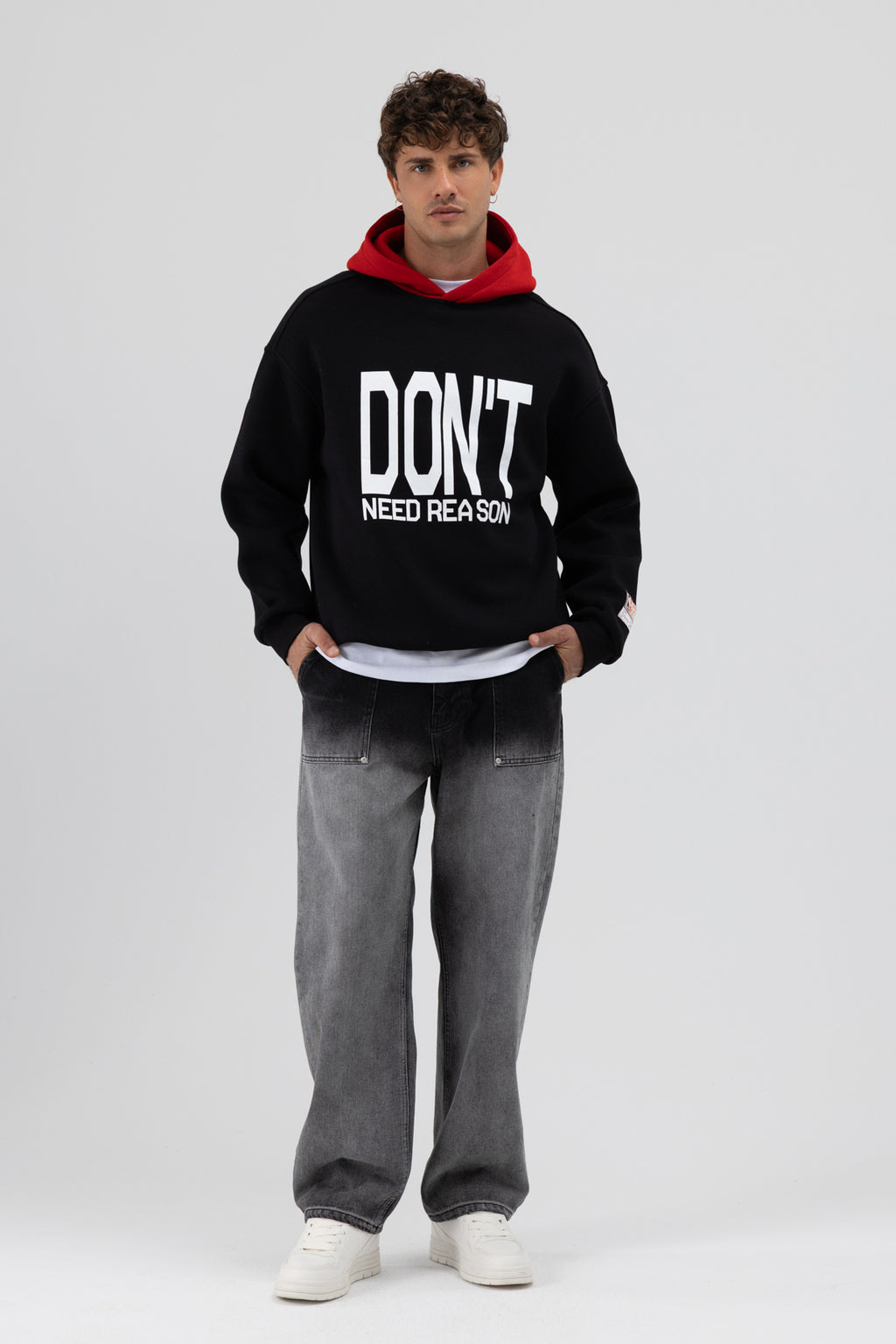 Çift Renk Baskılı Oversize Sweatshirt Siyah