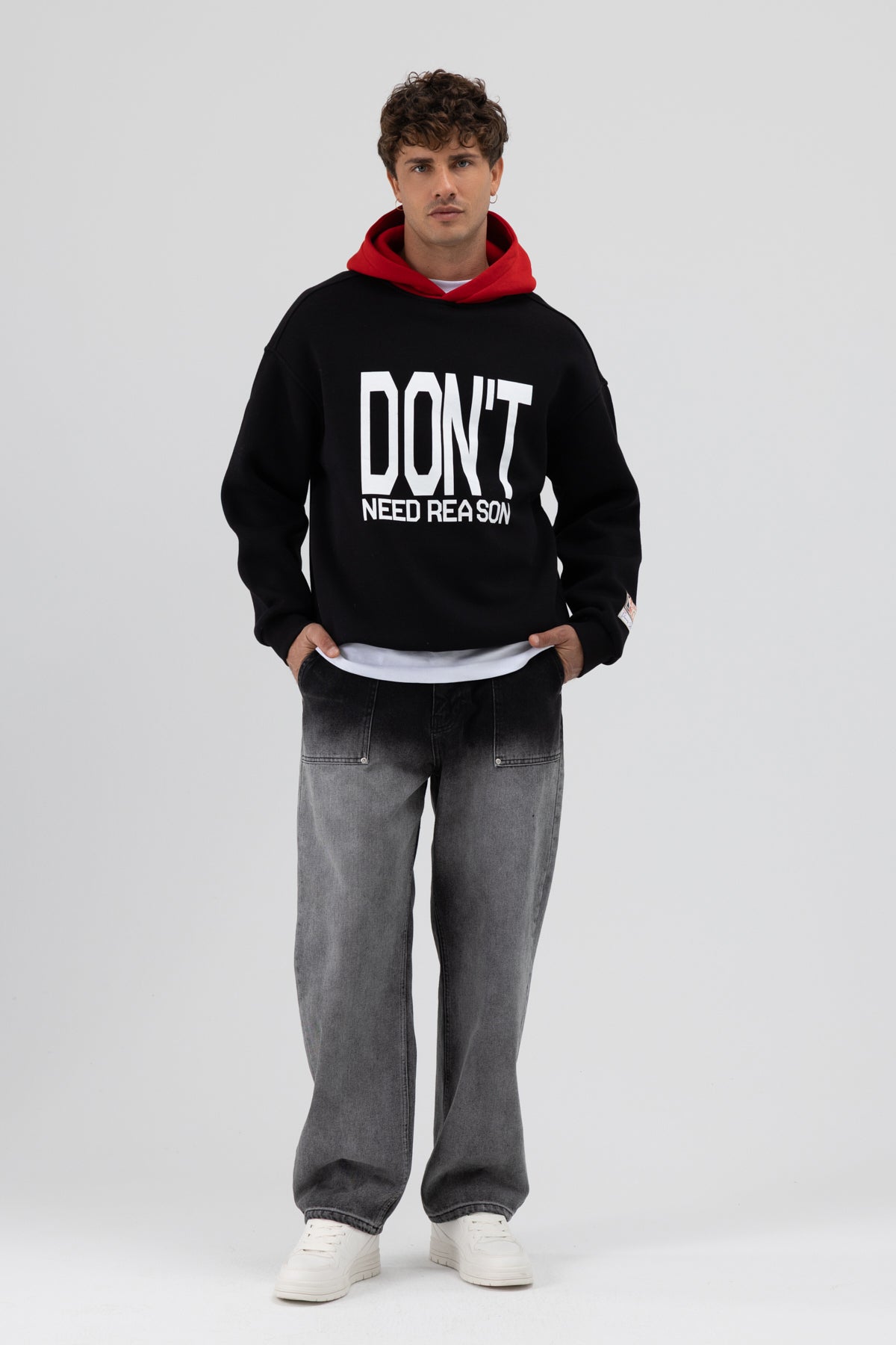 Çift Renk Baskılı Oversize Sweatshirt Siyah