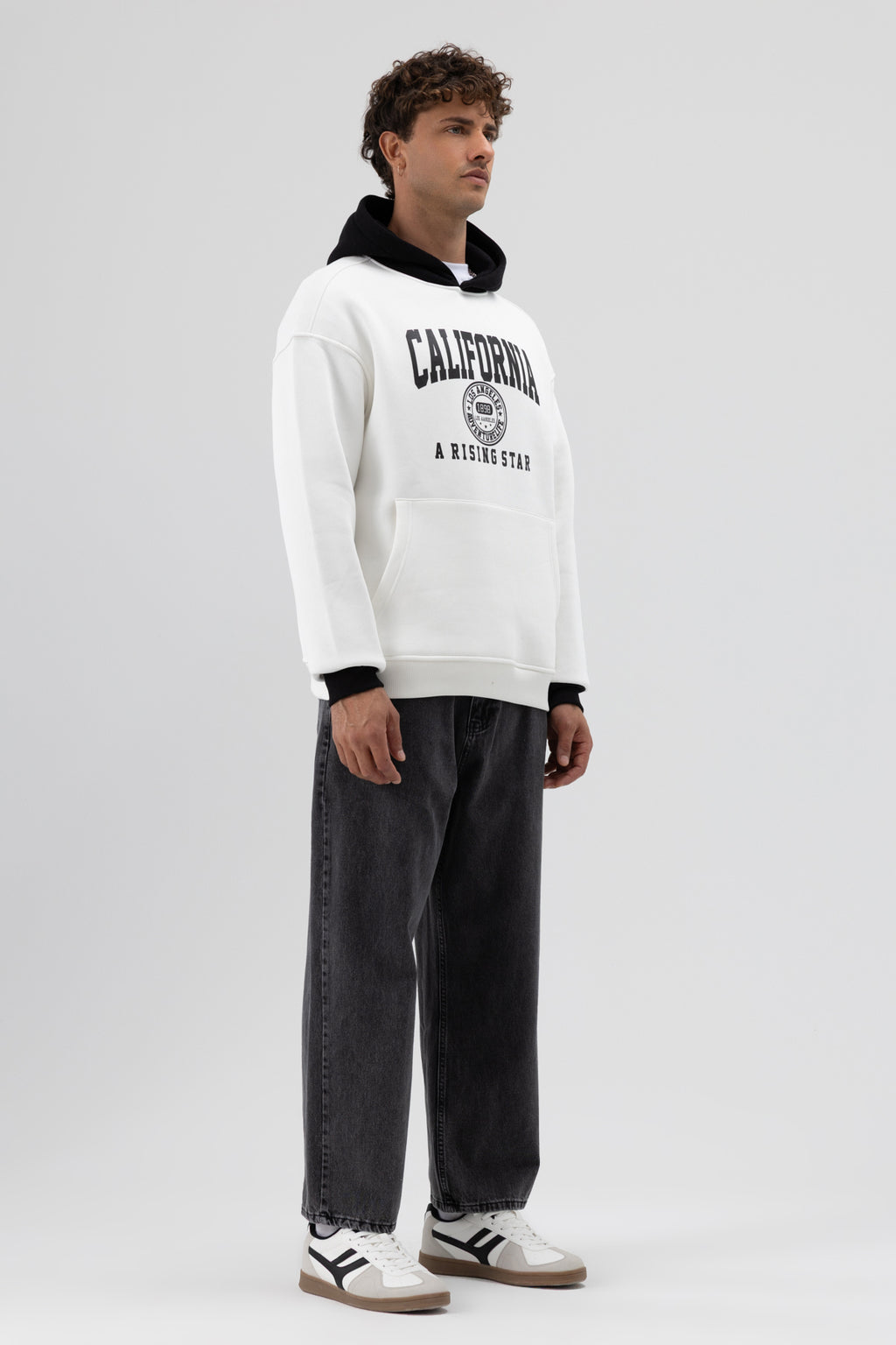 Çift Renk Baskılı Oversize Sweatshirt Ekru