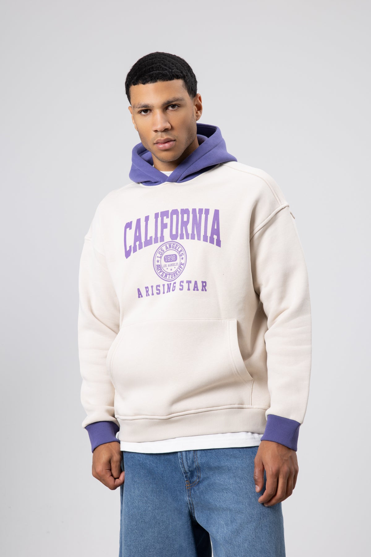 Çift Renk Baskılı Oversize Sweatshirt Taş