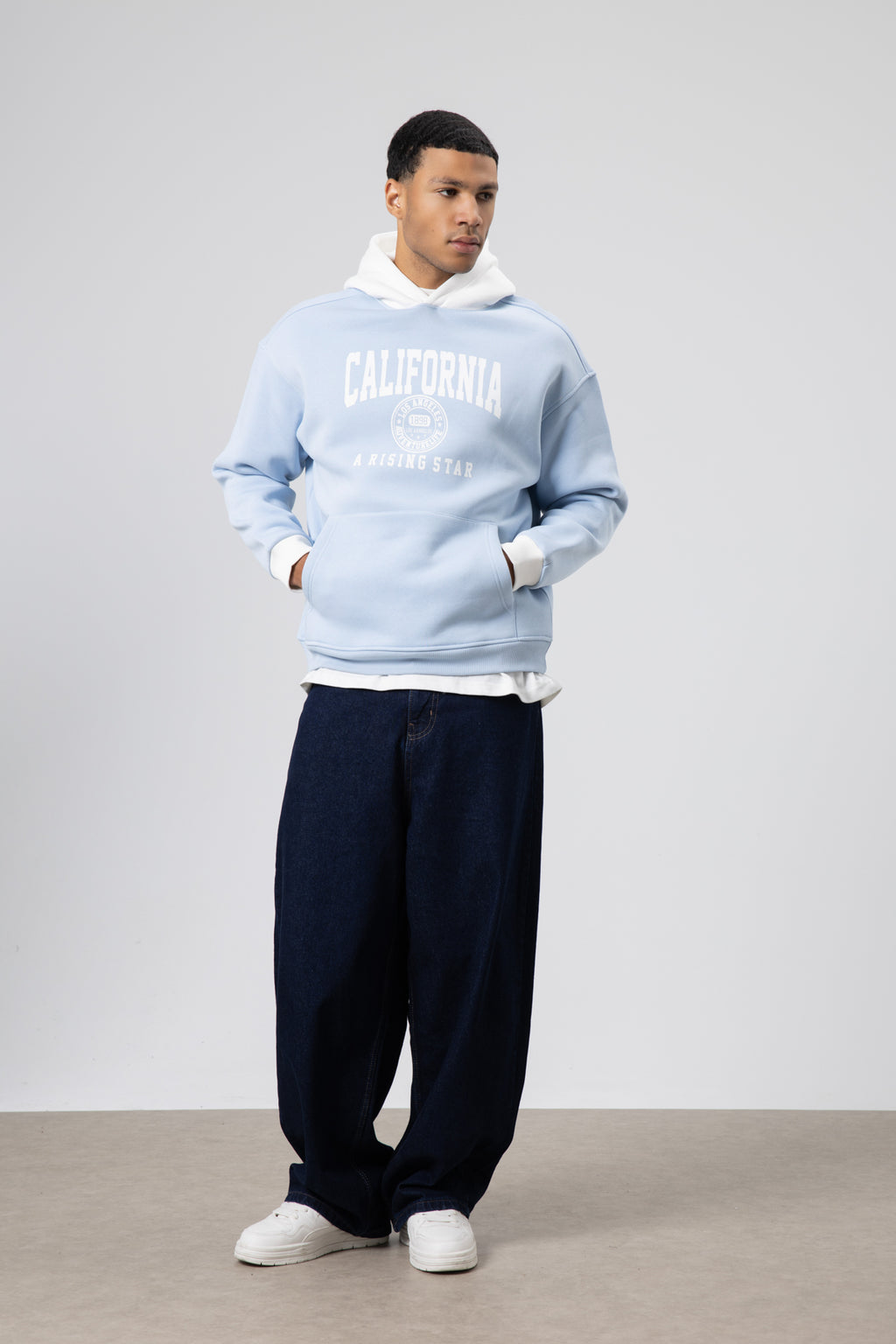 Çift Renk Baskılı Oversize Sweatshirt Bebe Mavi