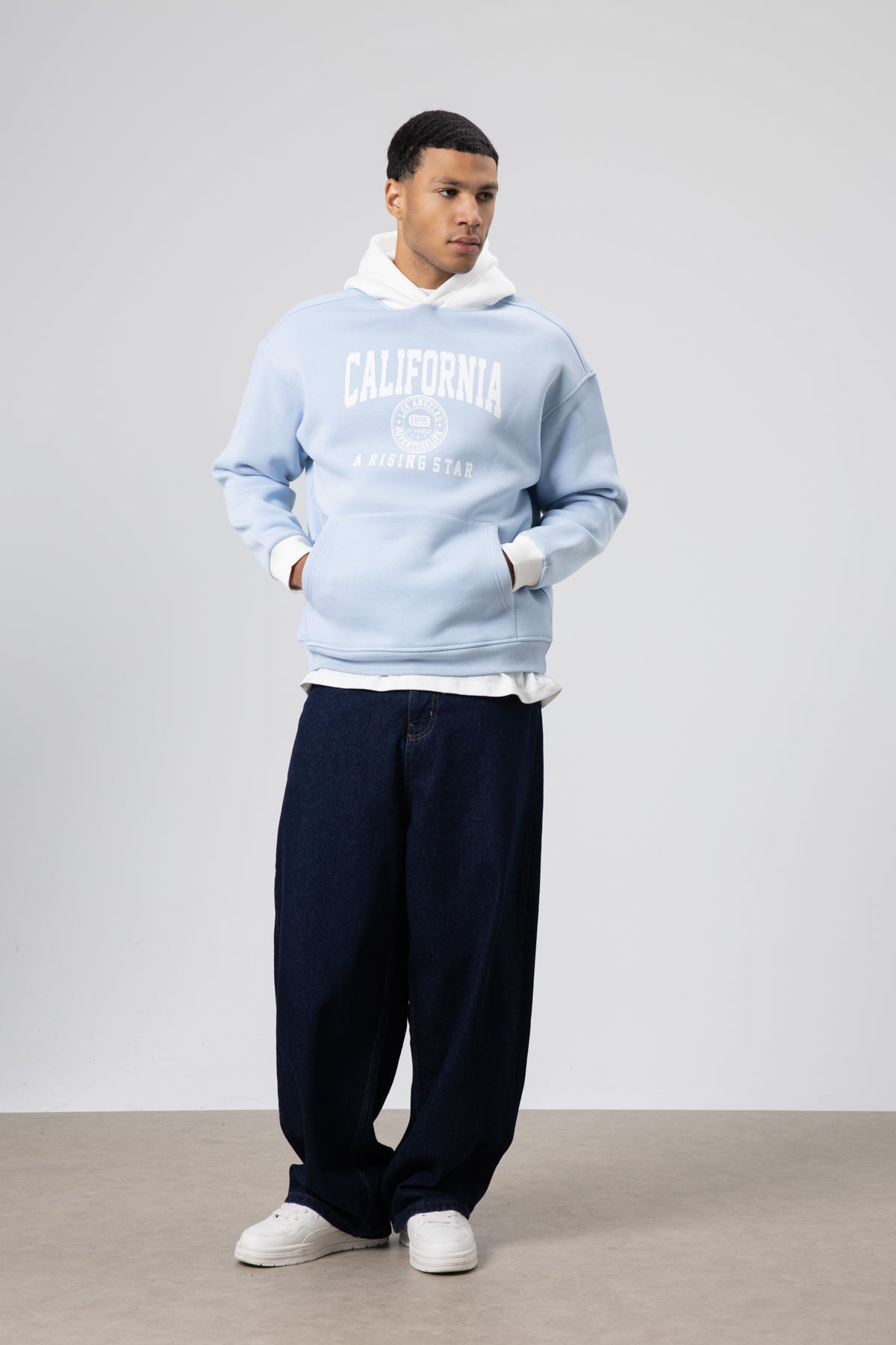 Çift Renk Baskılı Oversize Sweatshirt Bebe Mavi
