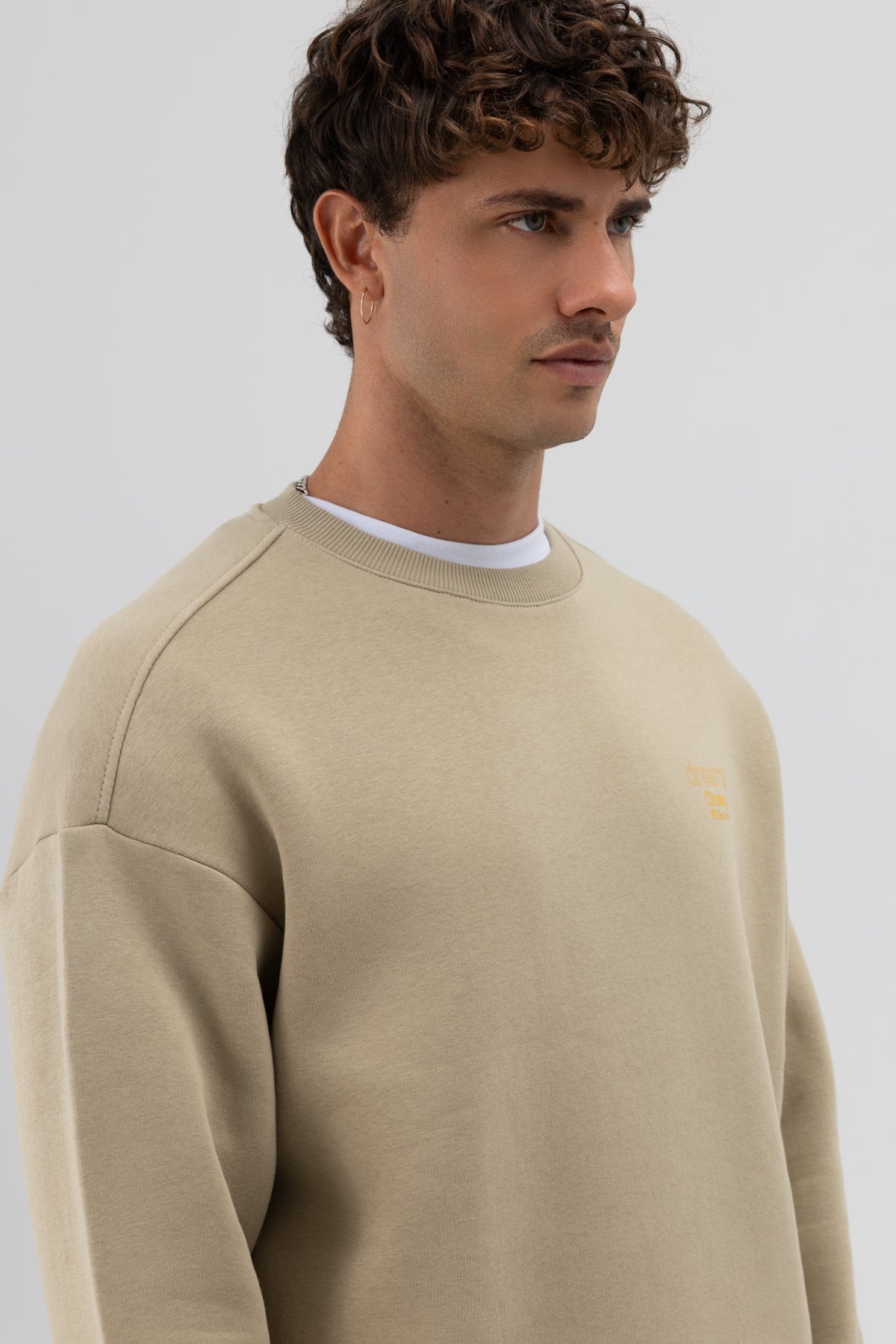 Oversize Bisiklet Yaka Baskılı Sweatshirt Haki