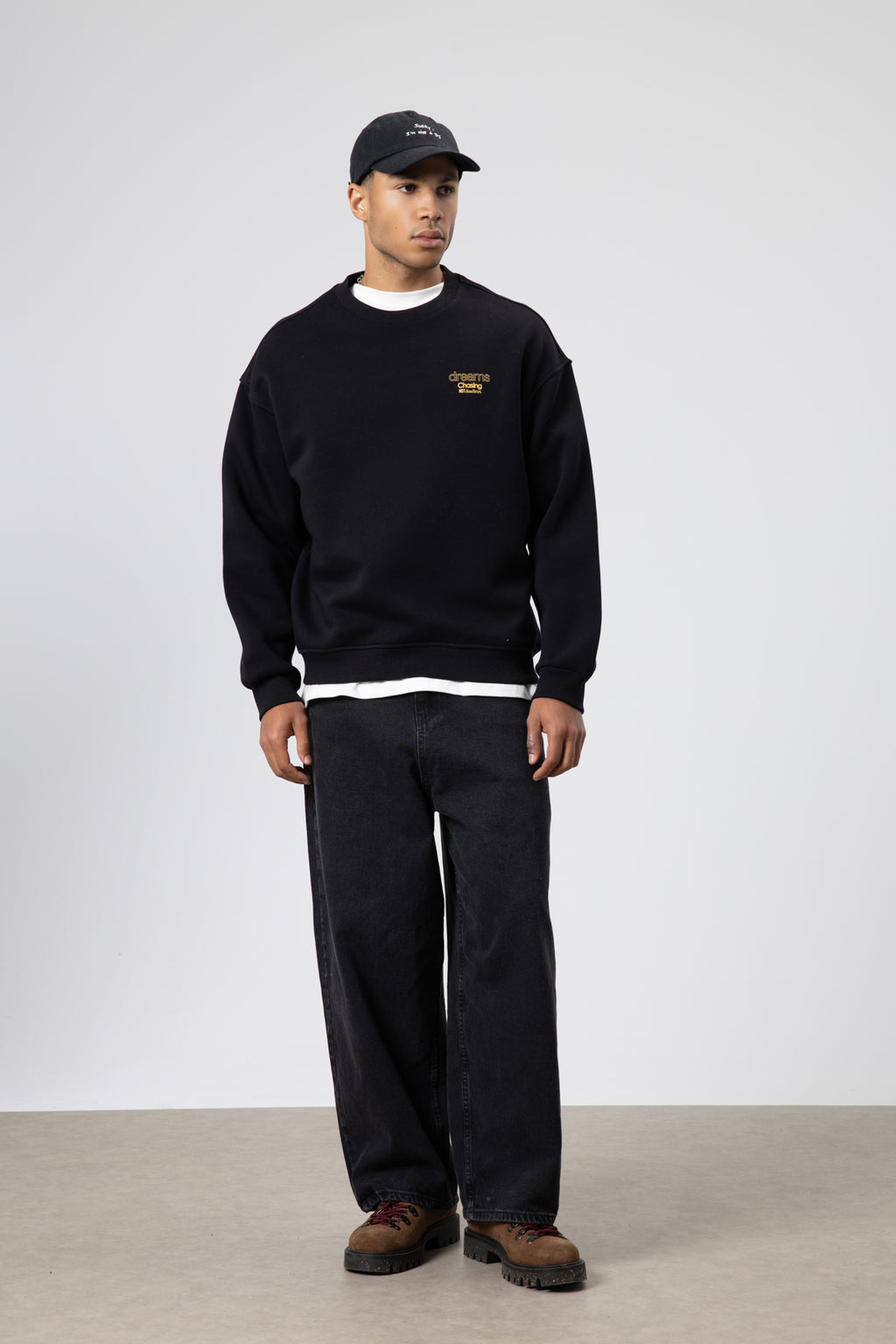 Oversize Bisiklet Yaka Baskılı Sweatshirt Siyah
