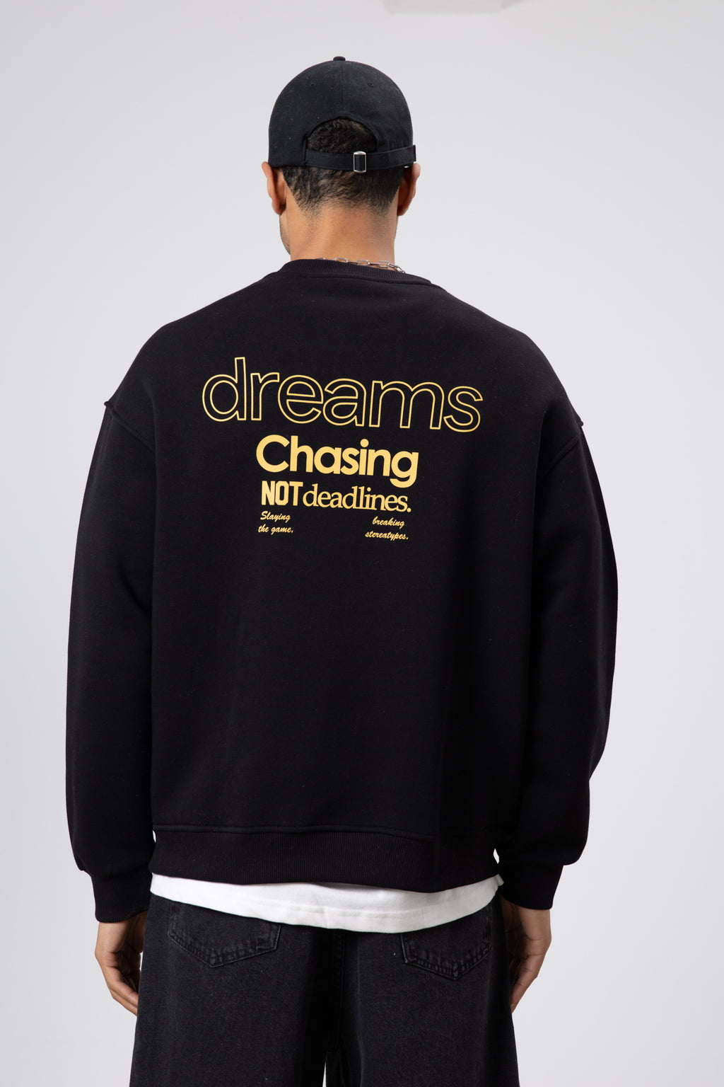 Oversize Bisiklet Yaka Baskılı Sweatshirt Siyah