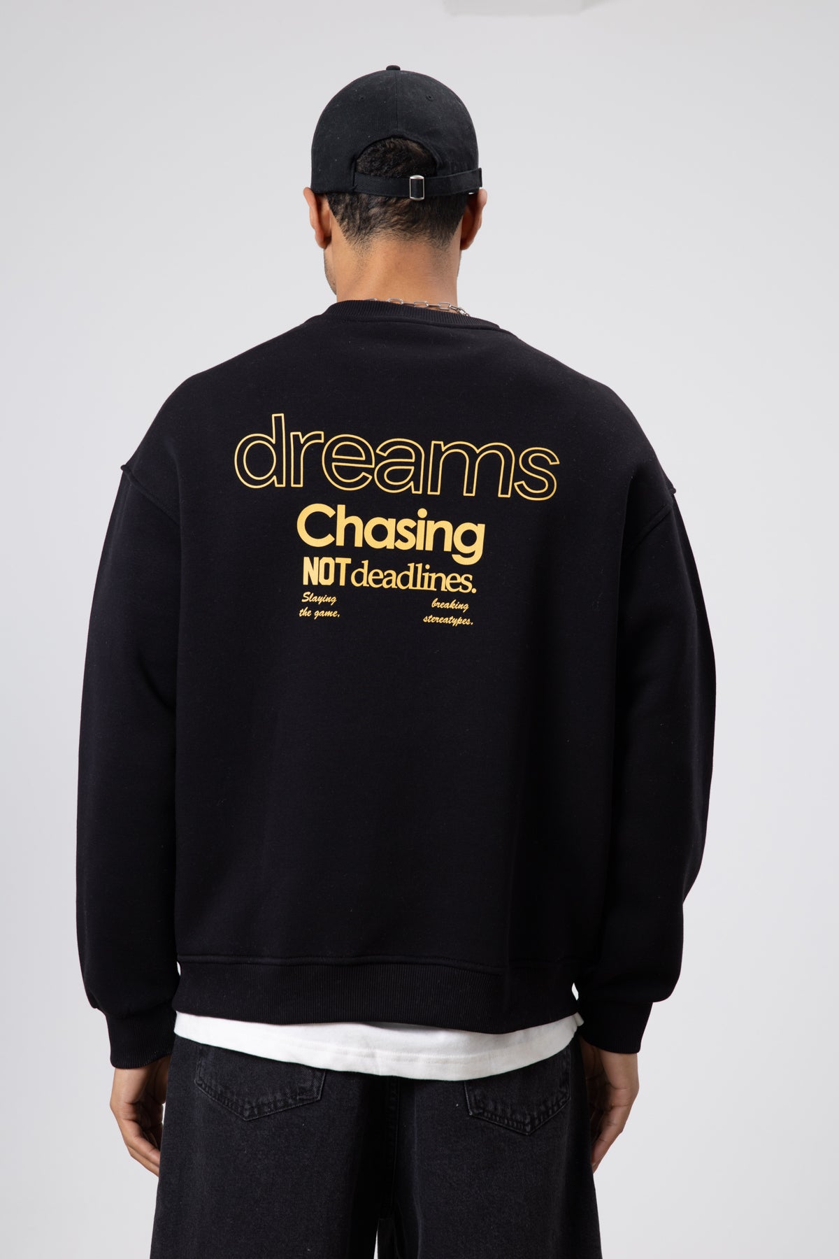 Oversize Bisiklet Yaka Baskılı Sweatshirt Siyah