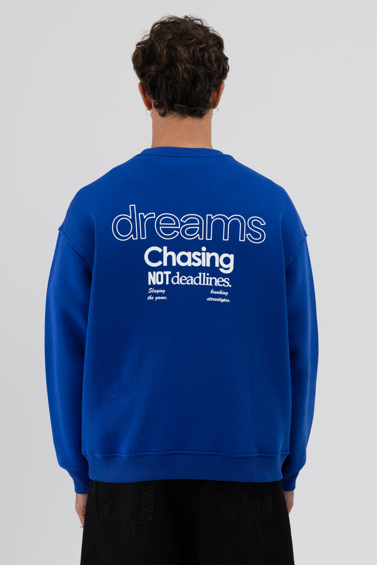 Oversize Bisiklet Yaka Baskılı Sweatshirt Saks