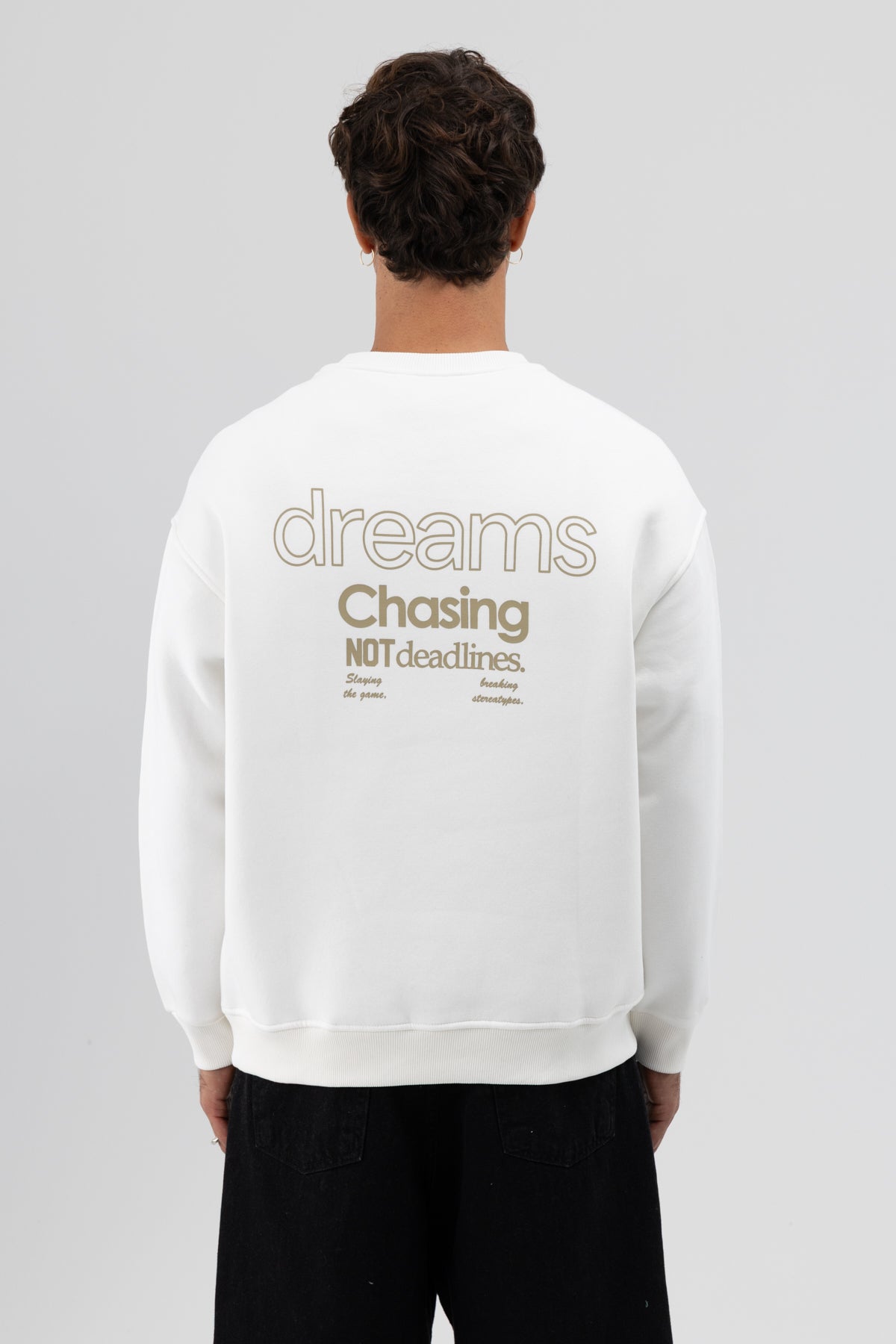 Oversize Bisiklet Yaka Baskılı Sweatshirt Ekru