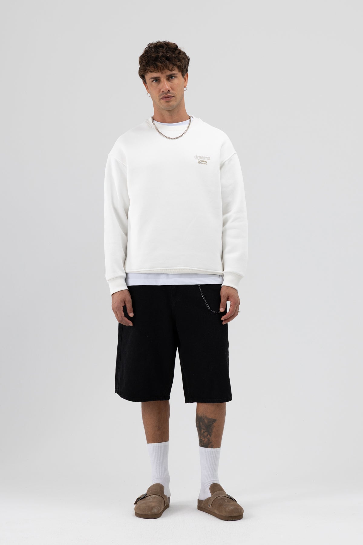Oversize Bisiklet Yaka Baskılı Sweatshirt Ekru