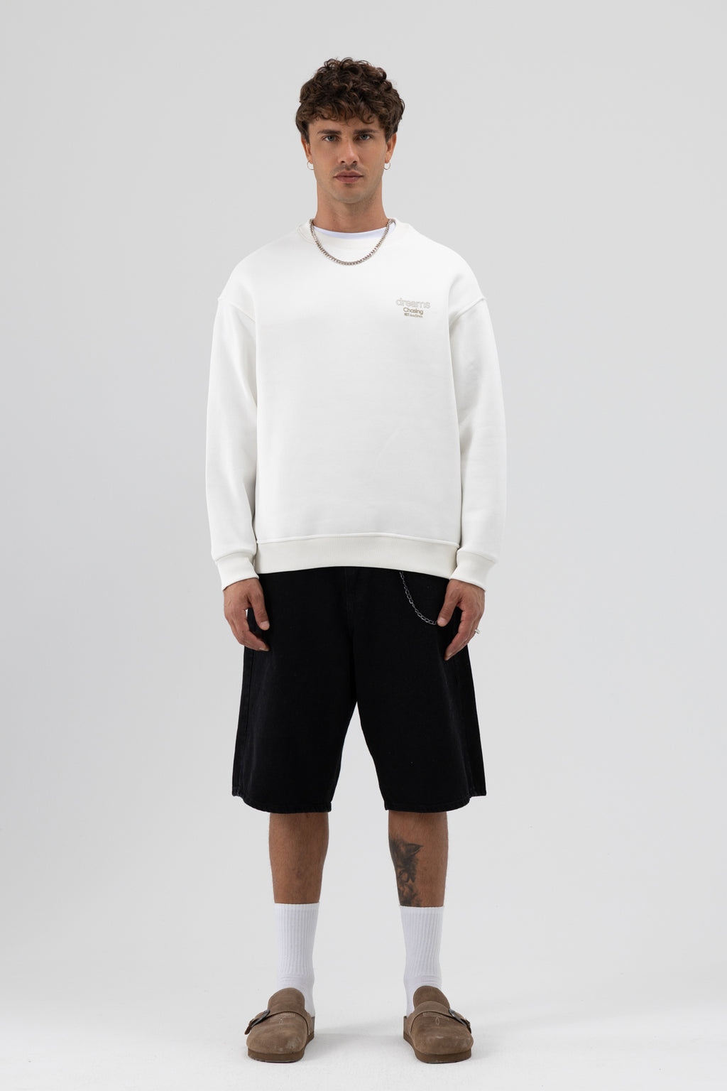 Oversize Bisiklet Yaka Baskılı Sweatshirt Ekru