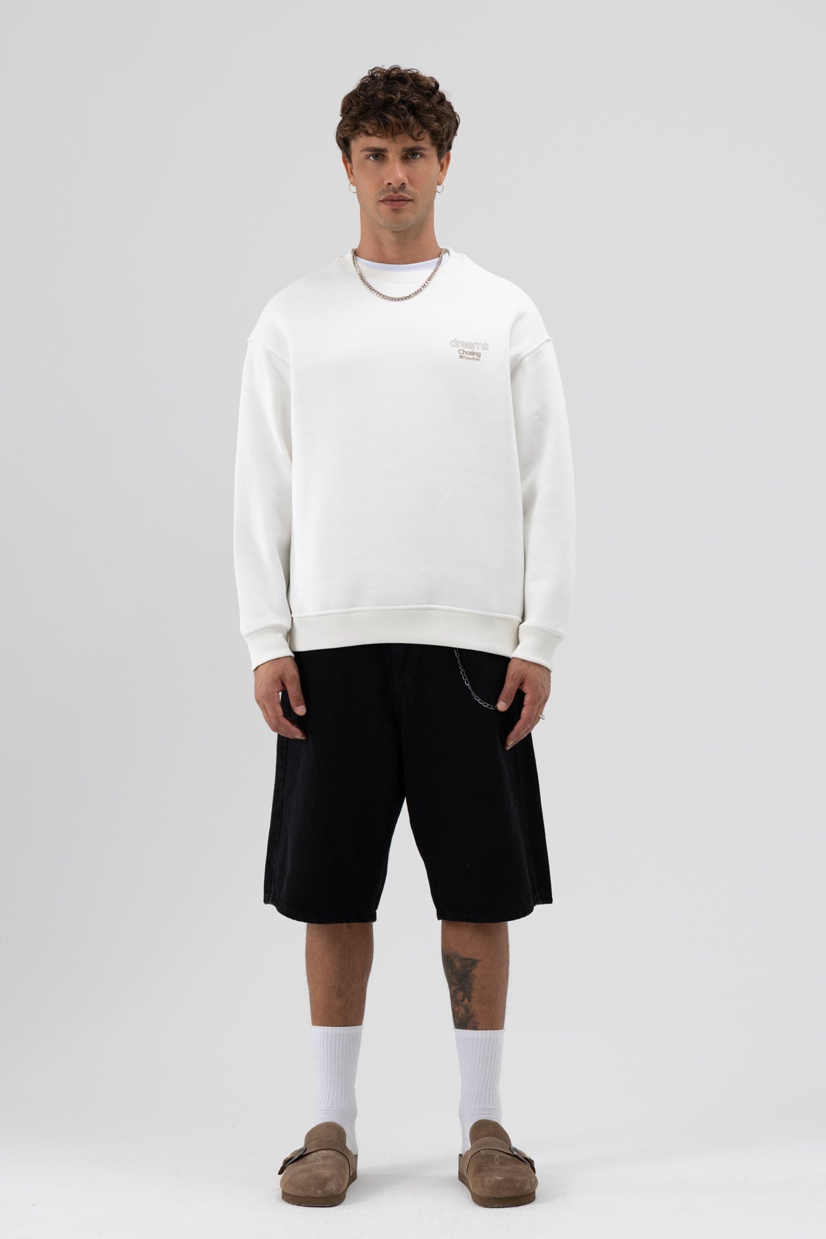 Oversize Bisiklet Yaka Baskılı Sweatshirt Ekru
