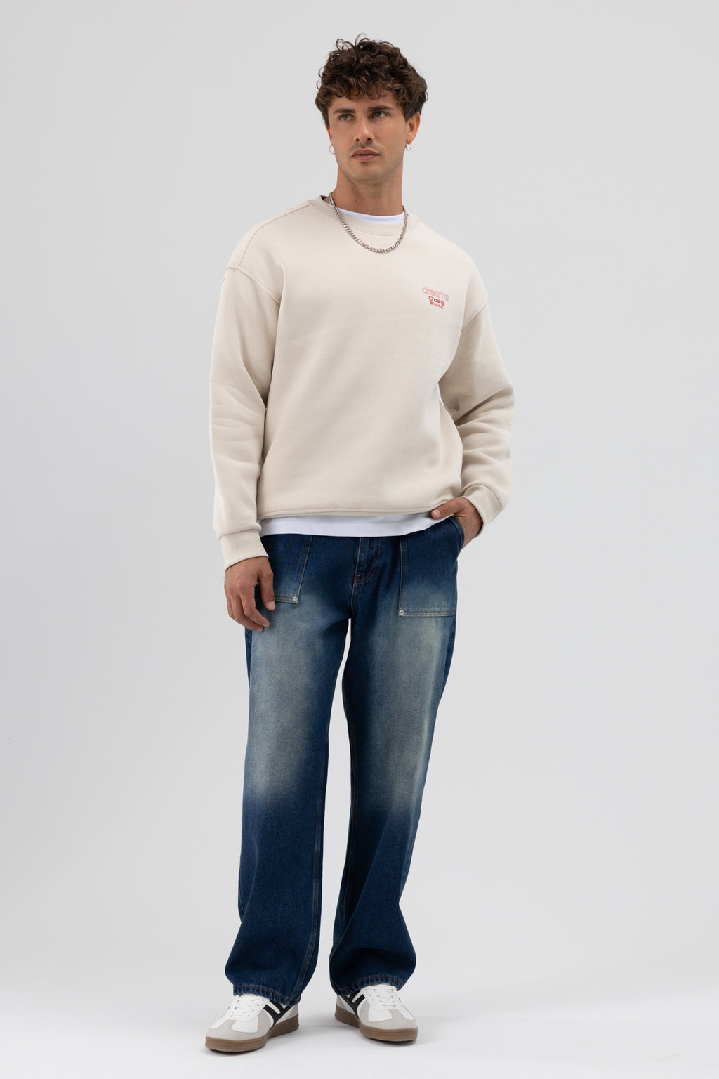 Oversize Bisiklet Yaka Baskılı Sweatshirt Taş