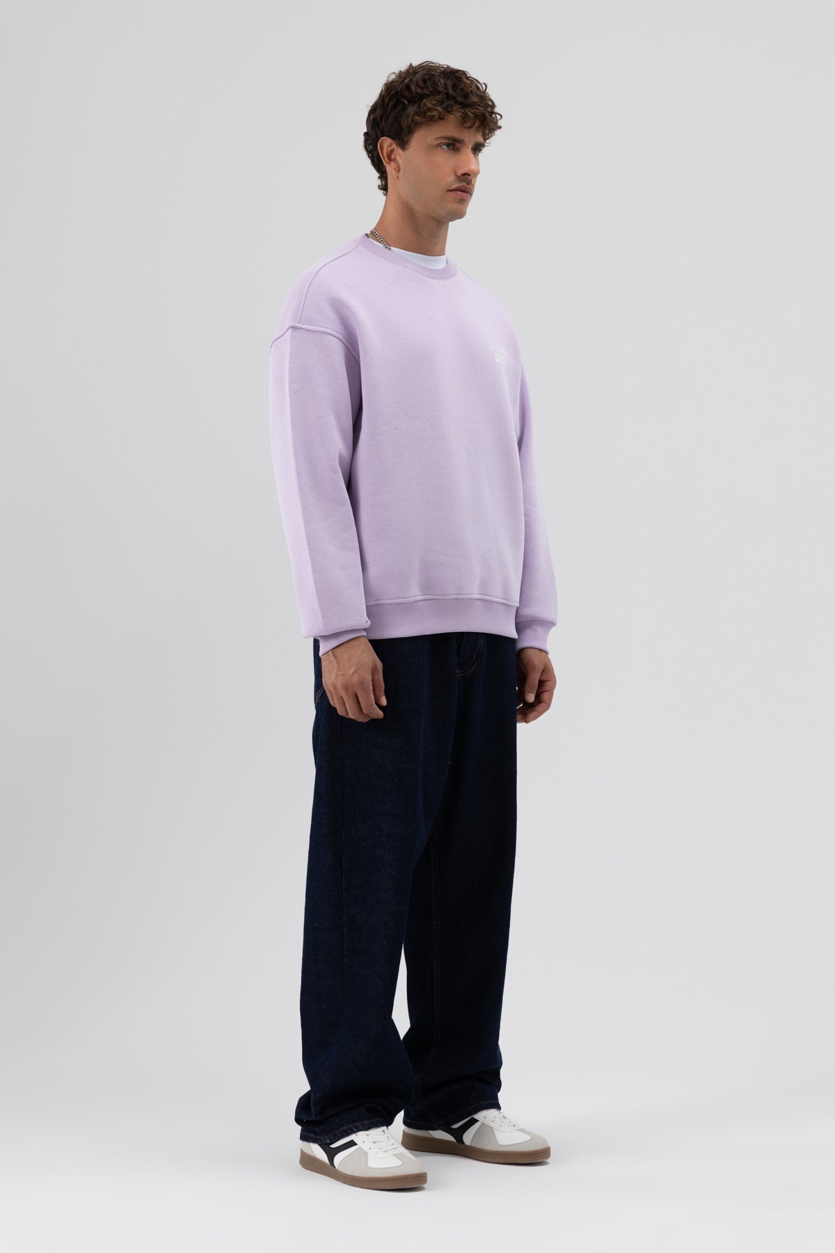 Oversize Bisiklet Yaka Baskılı Sweatshirt Lila