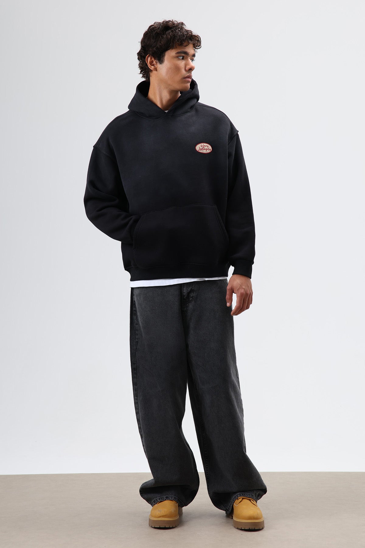 Oversize Baskılı Kapüşonlu Sweatshirt Siyah