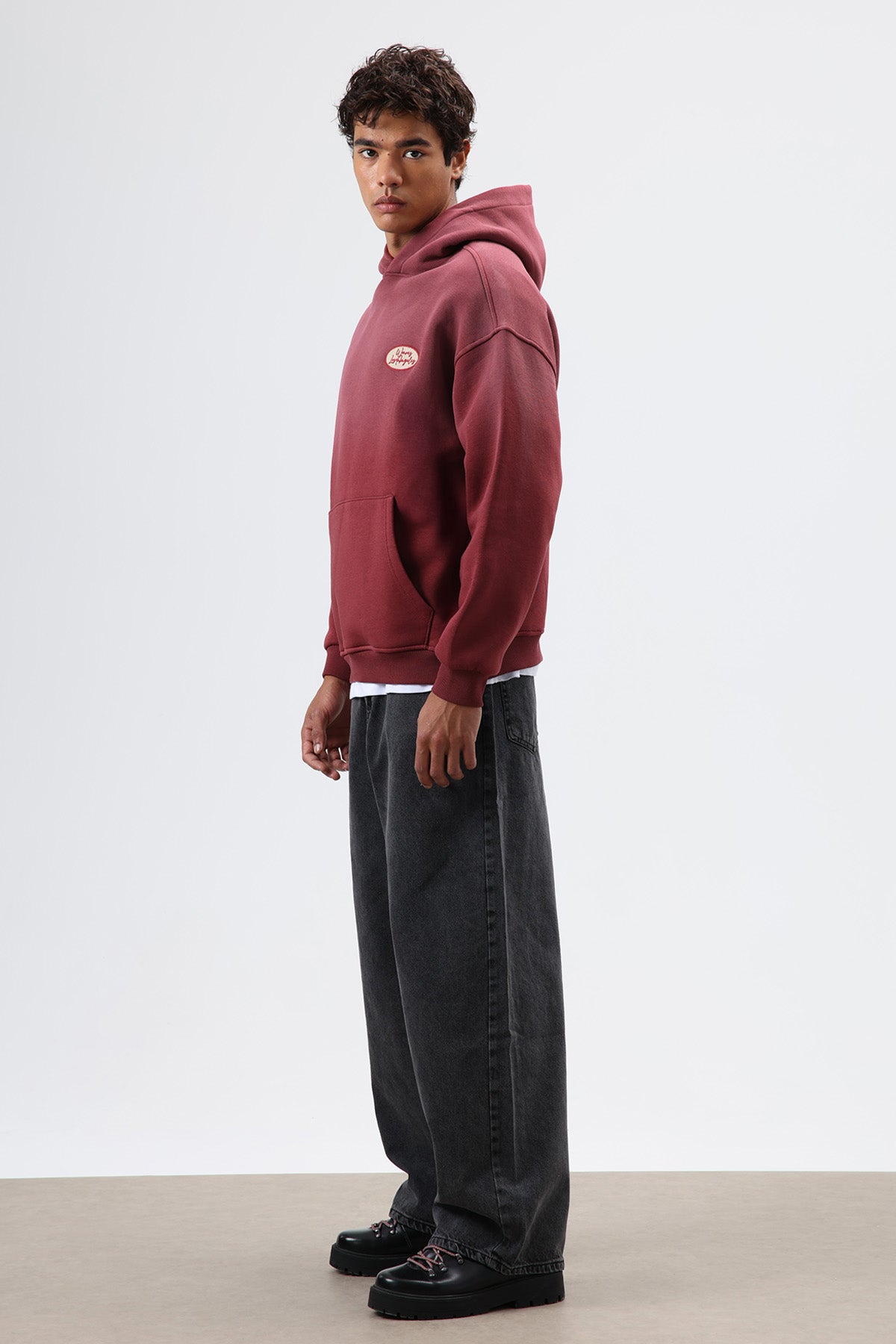 Oversize Baskılı Kapüşonlu Sweatshirt Bordo