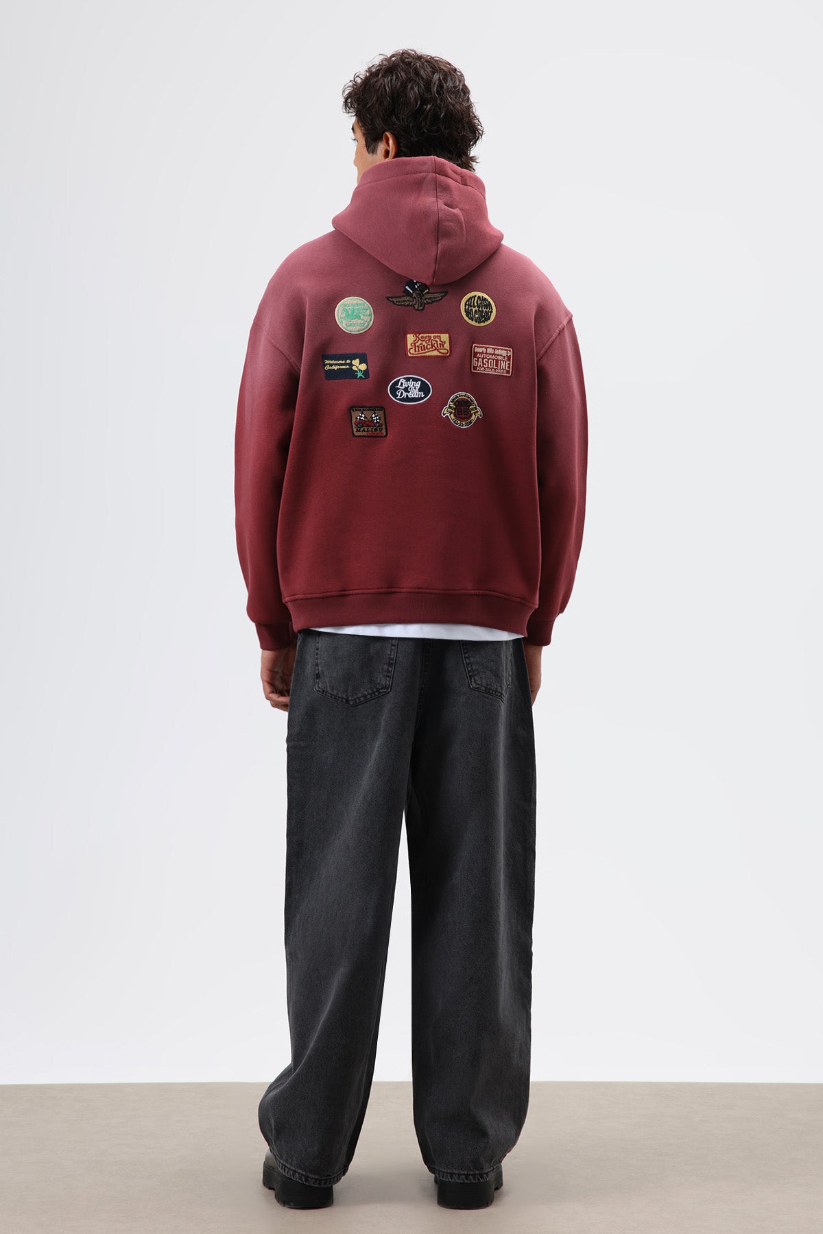 Oversize Baskılı Kapüşonlu Sweatshirt Bordo