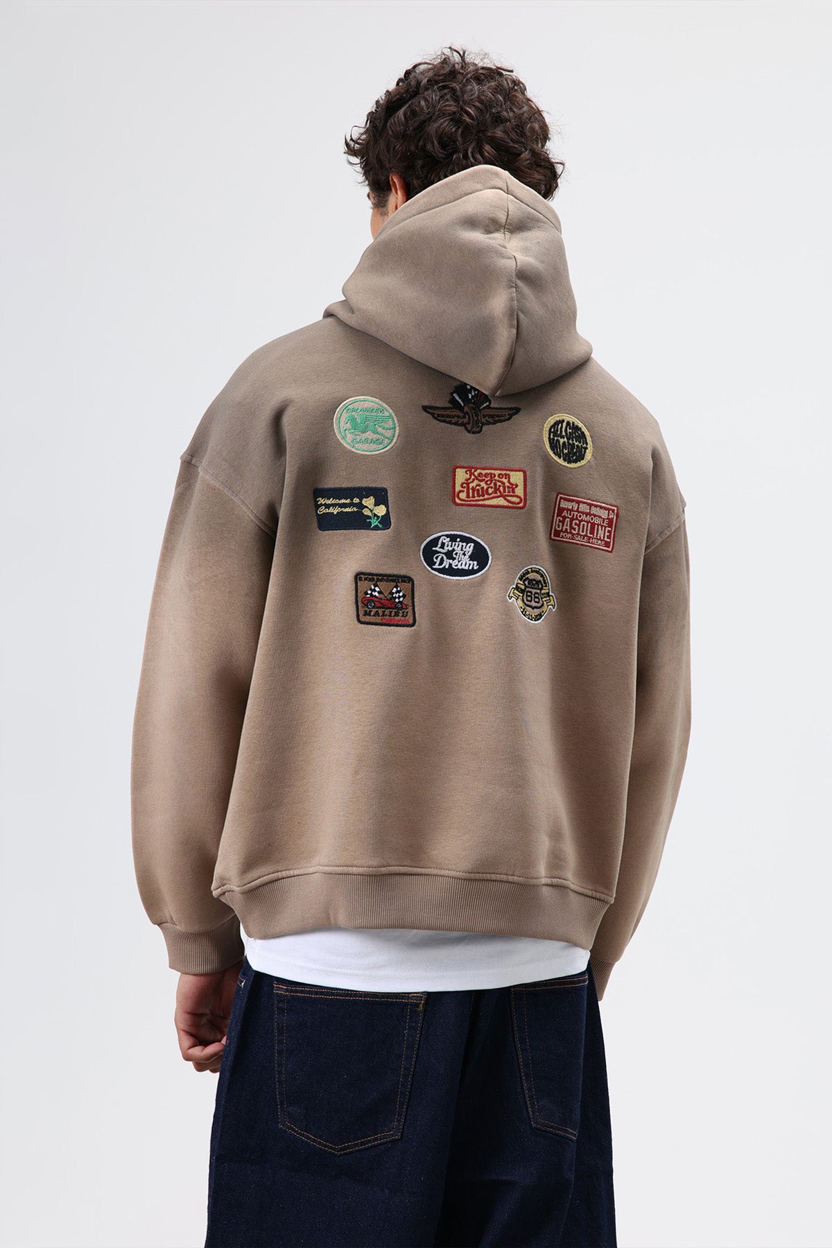 Oversize Baskılı Kapüşonlu Sweatshirt Vizon