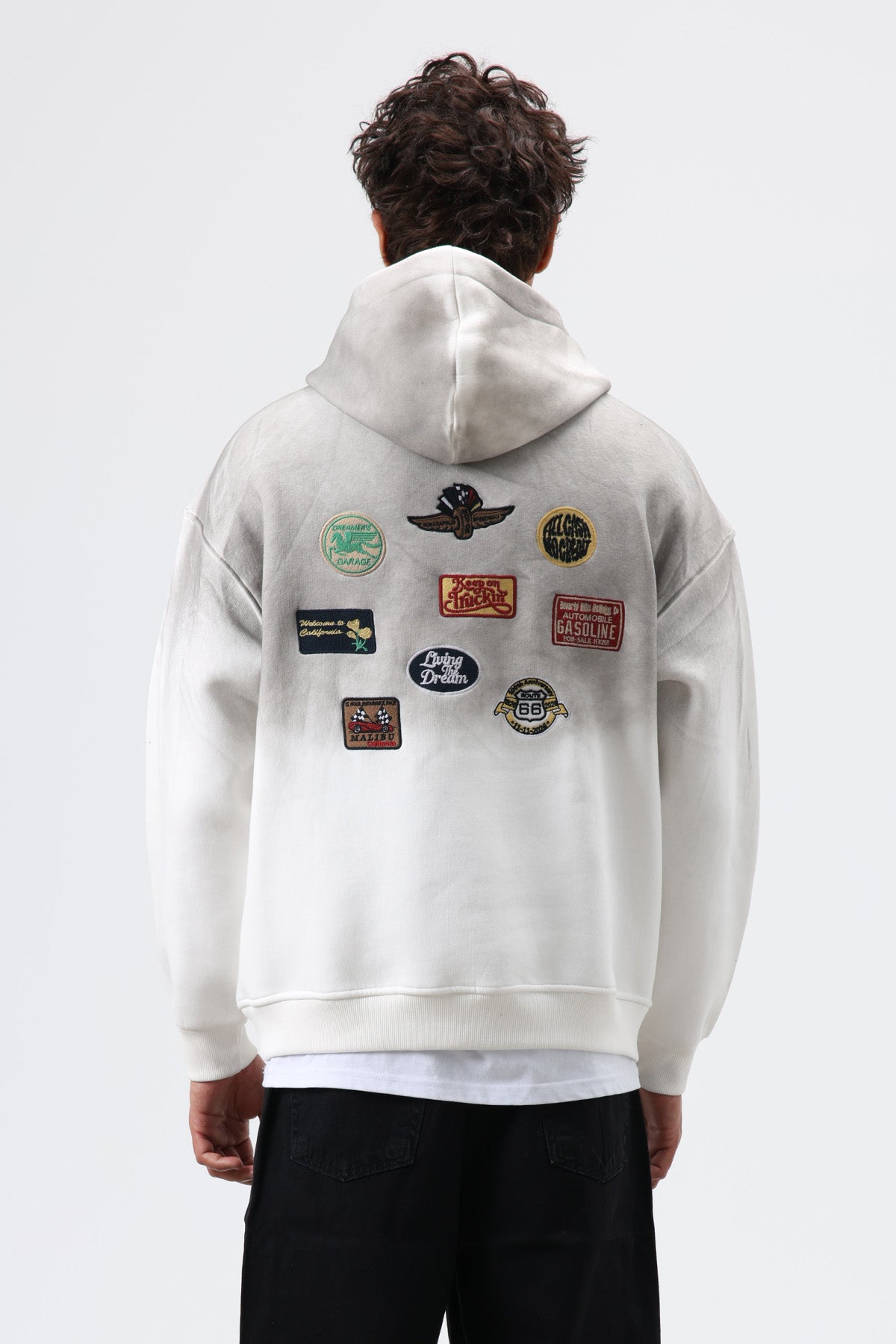 Oversize Baskılı Kapüşonlu Sweatshirt Ekru
