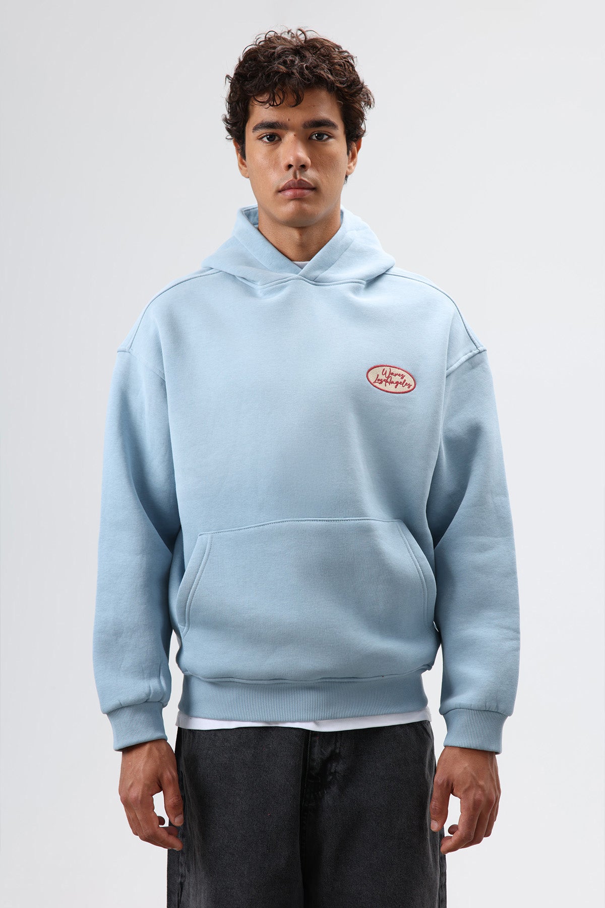 Oversize Baskılı Kapüşonlu Sweatshirt Koyu Mavi