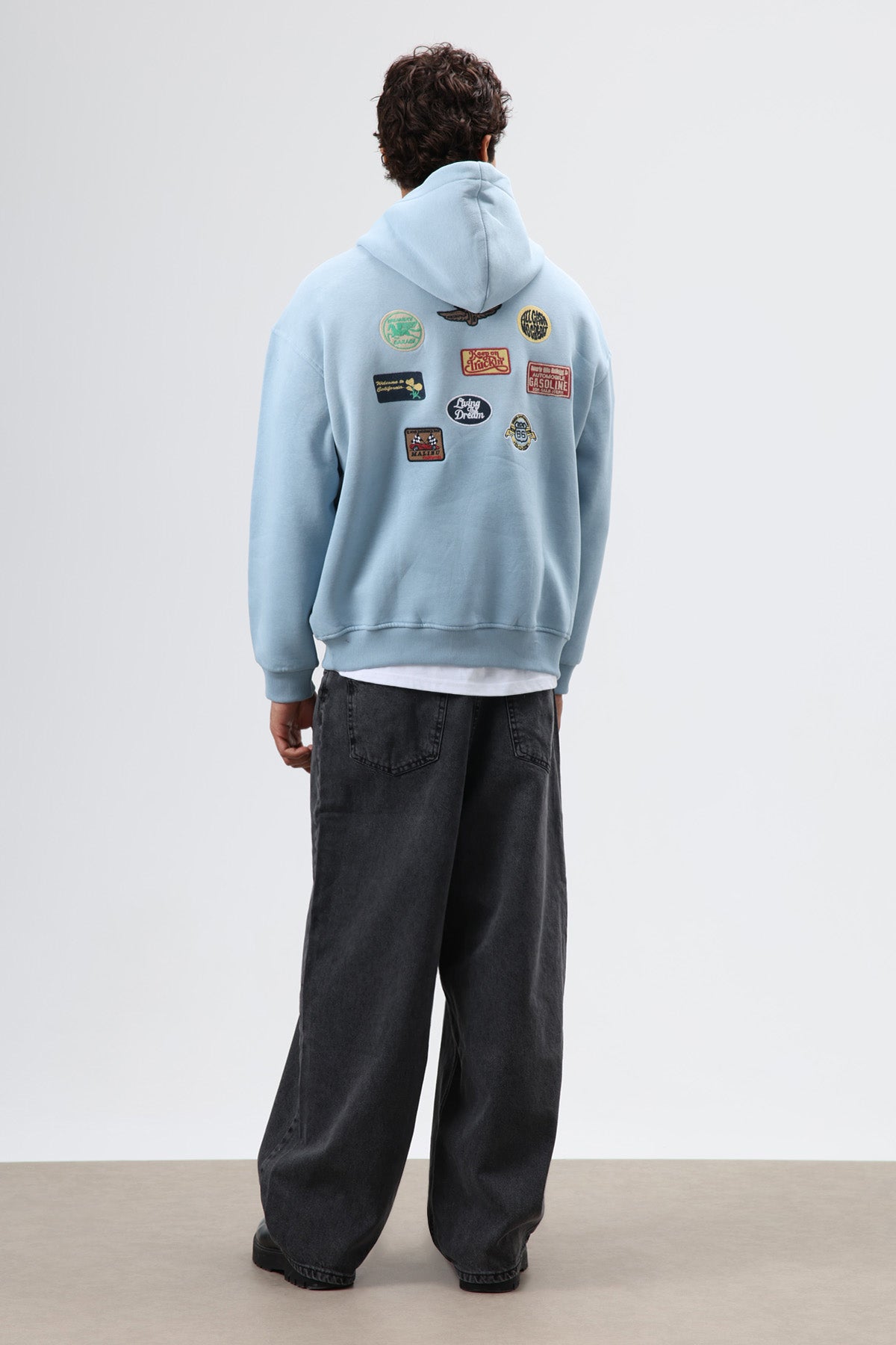 Oversize Baskılı Kapüşonlu Sweatshirt Koyu Mavi