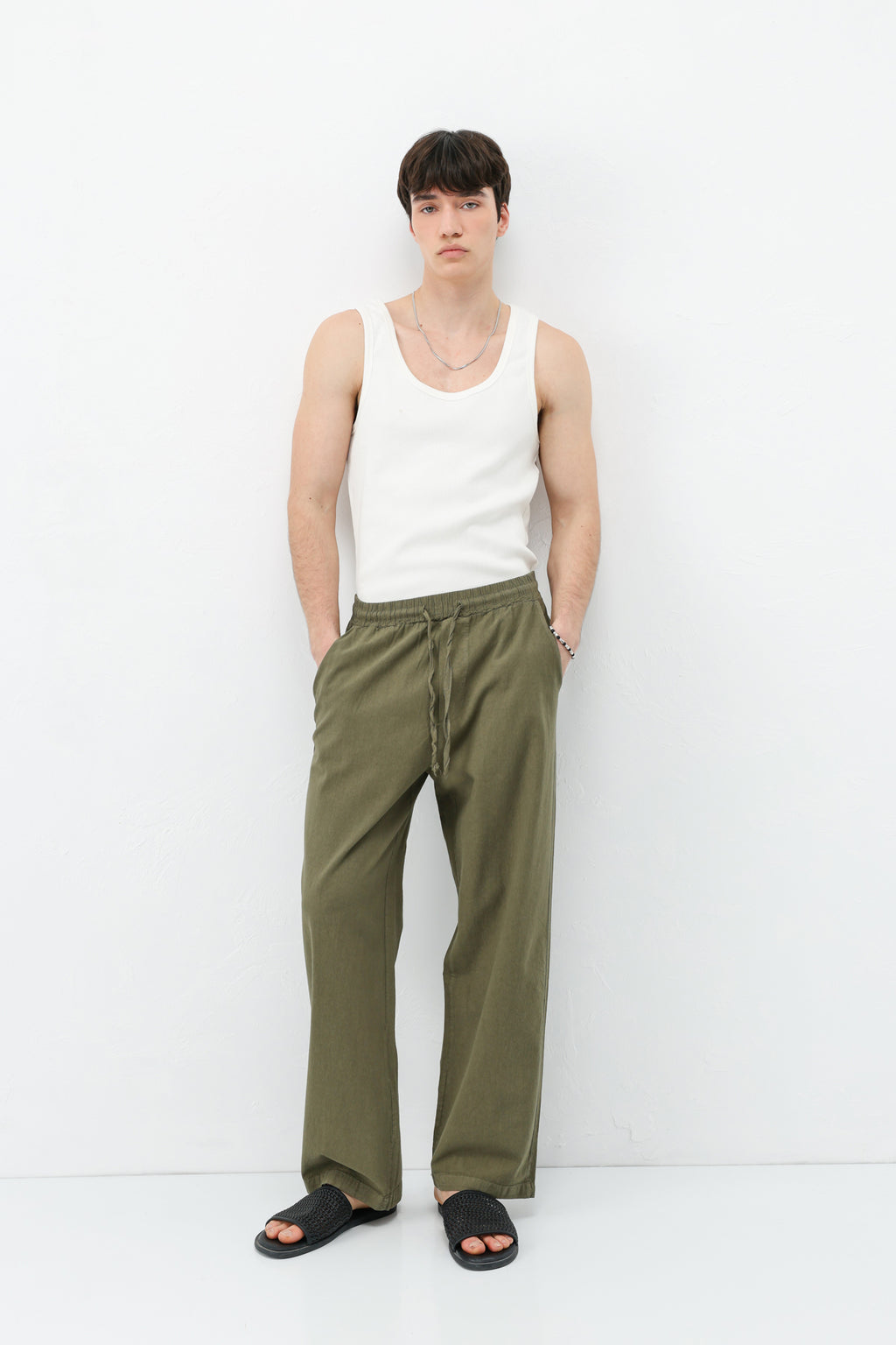Bel Lastikli Baggy Fit Keten Pantolon Haki