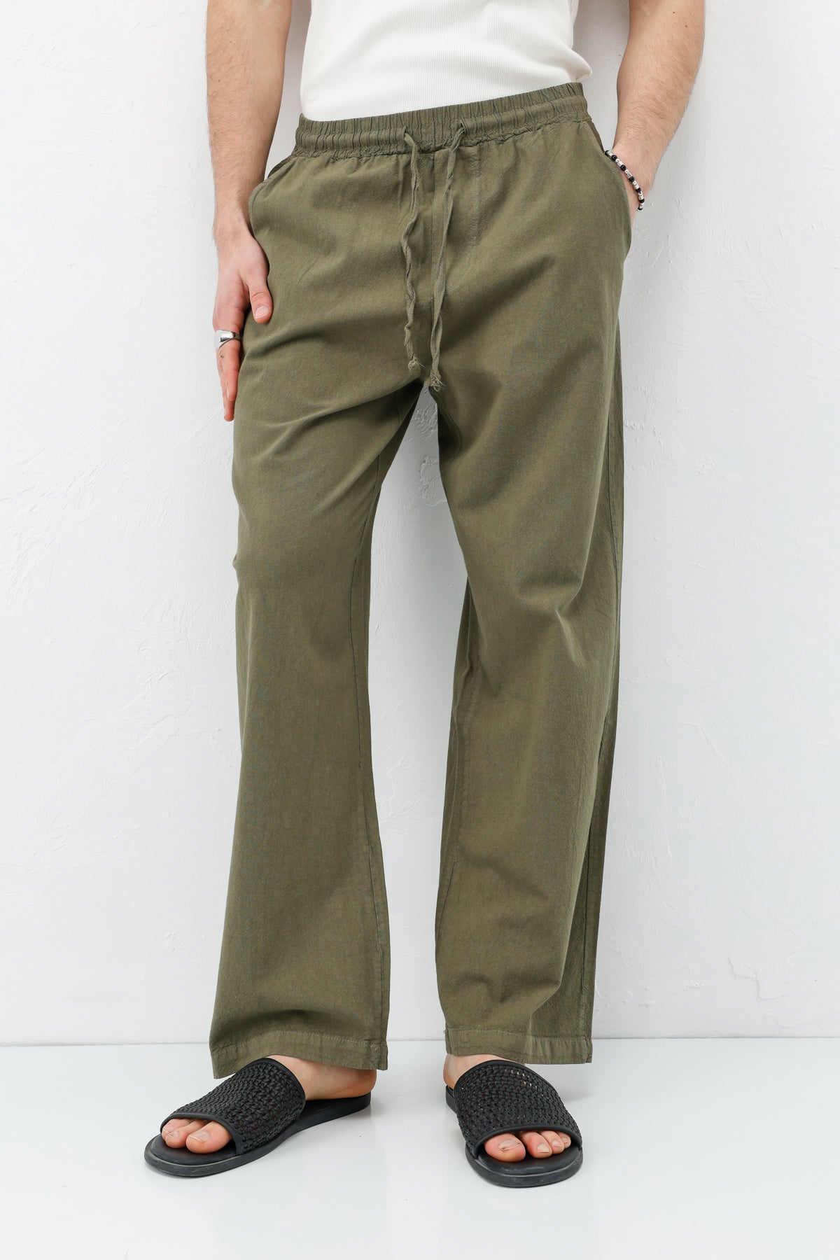 Bel Lastikli Baggy Fit Keten Pantolon Haki