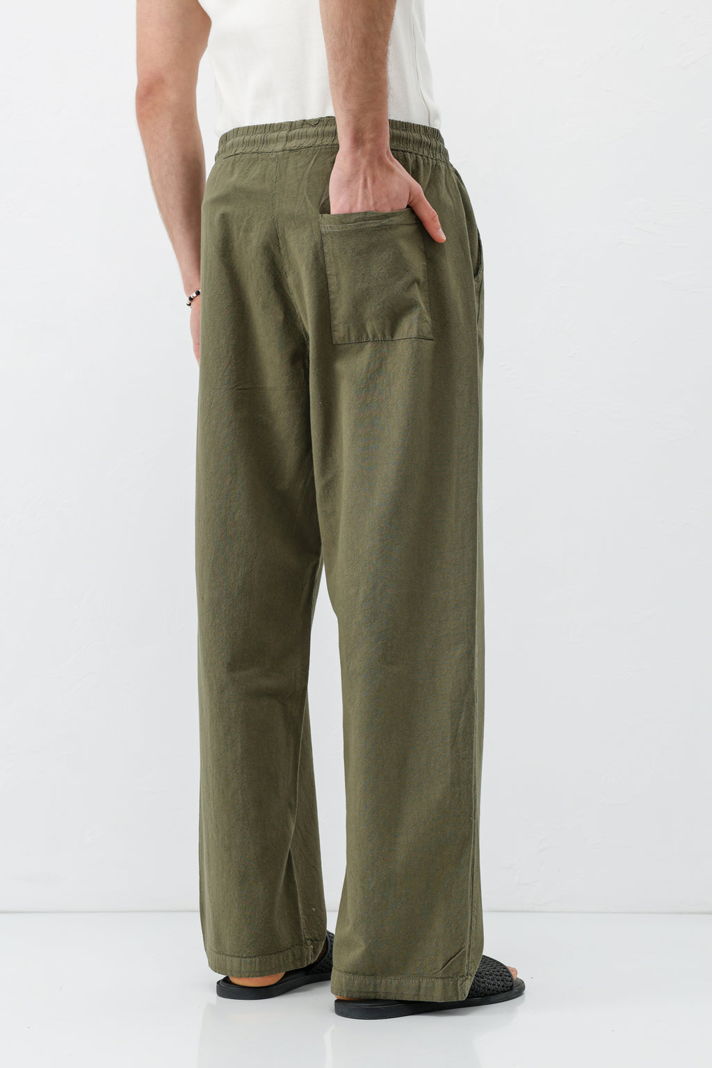 Bel Lastikli Baggy Fit Keten Pantolon Haki