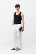 Bel Lastikli Baggy Fit Keten Pantolon Beyaz
