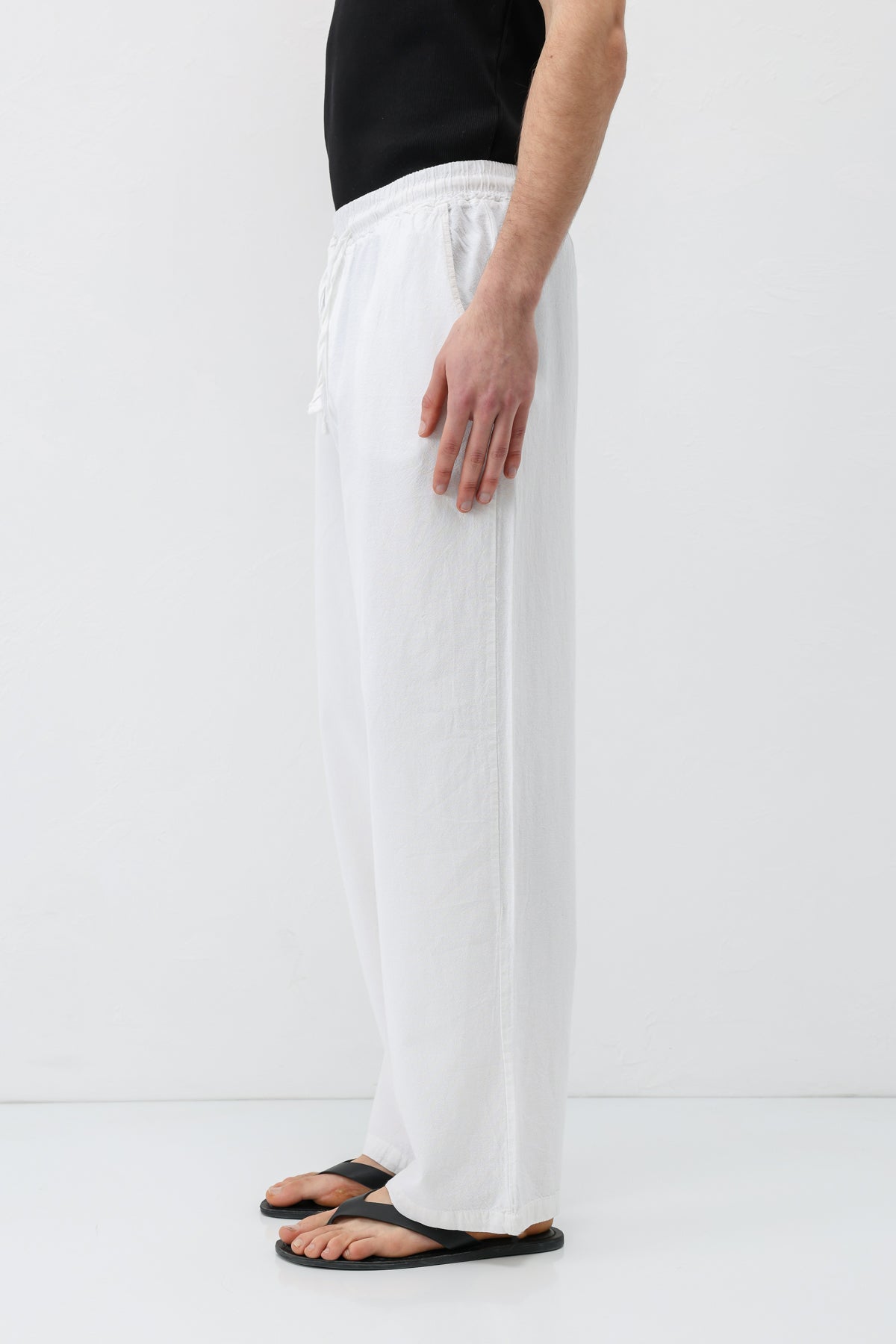 Bel Lastikli Baggy Fit Keten Pantolon Beyaz