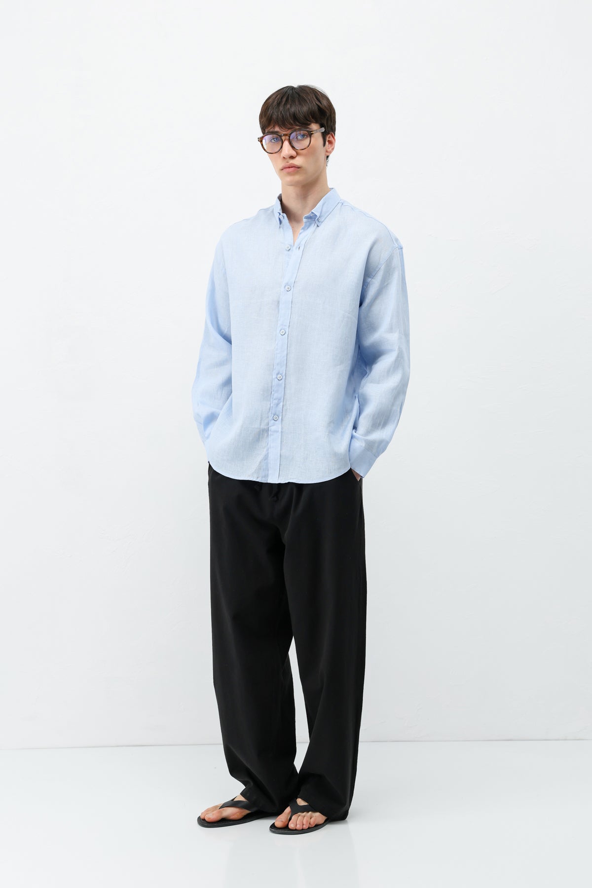 Bel Lastikli Baggy Fit Keten Pantolon Siyah
