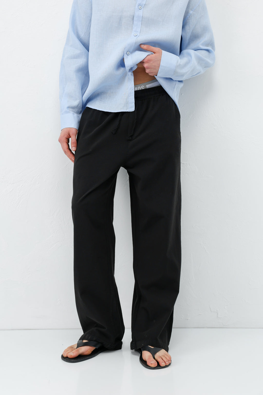Bel Lastikli Baggy Fit Keten Pantolon Siyah