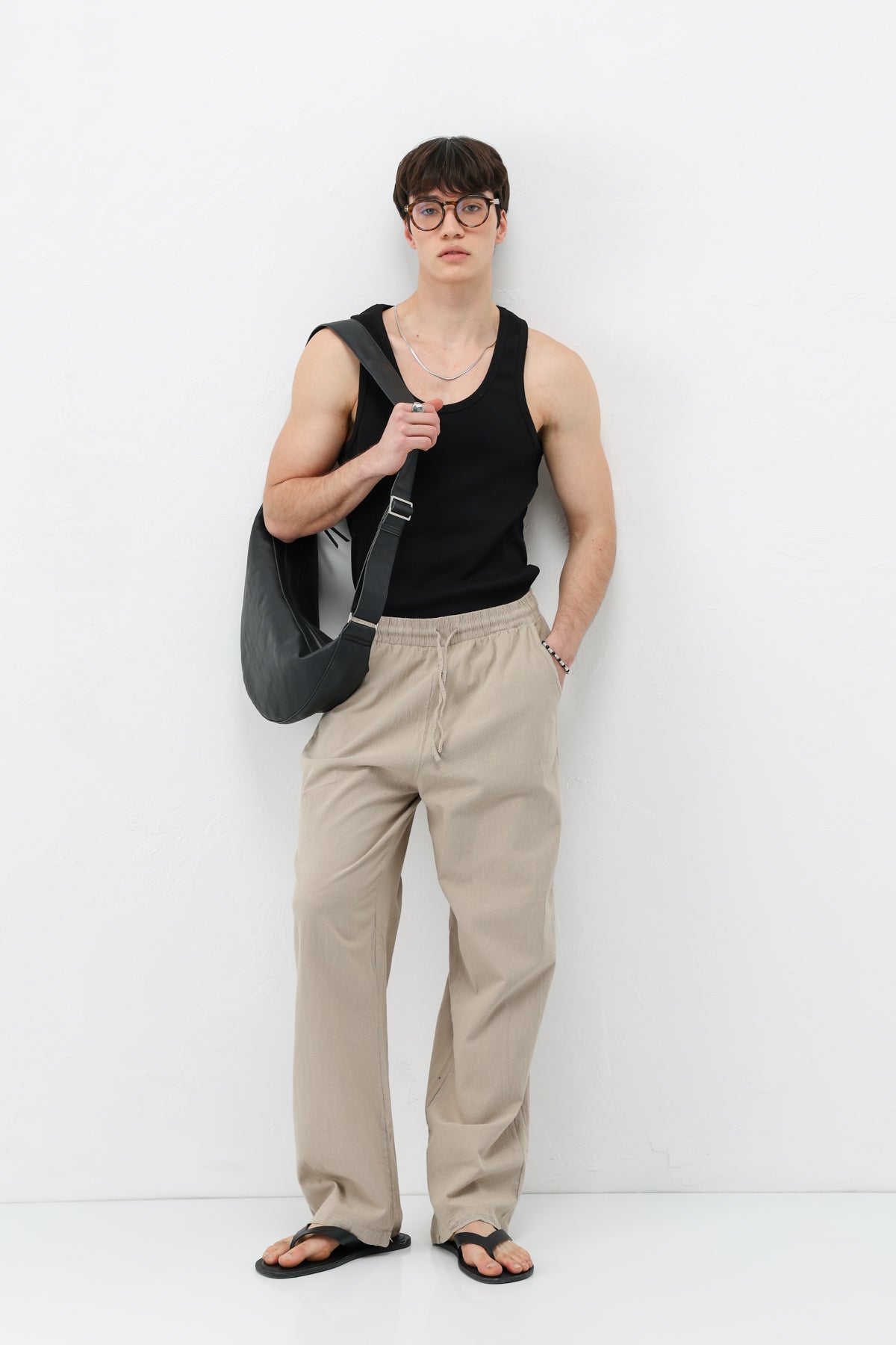 Bel Lastikli Baggy Fit Keten Pantolon Taş
