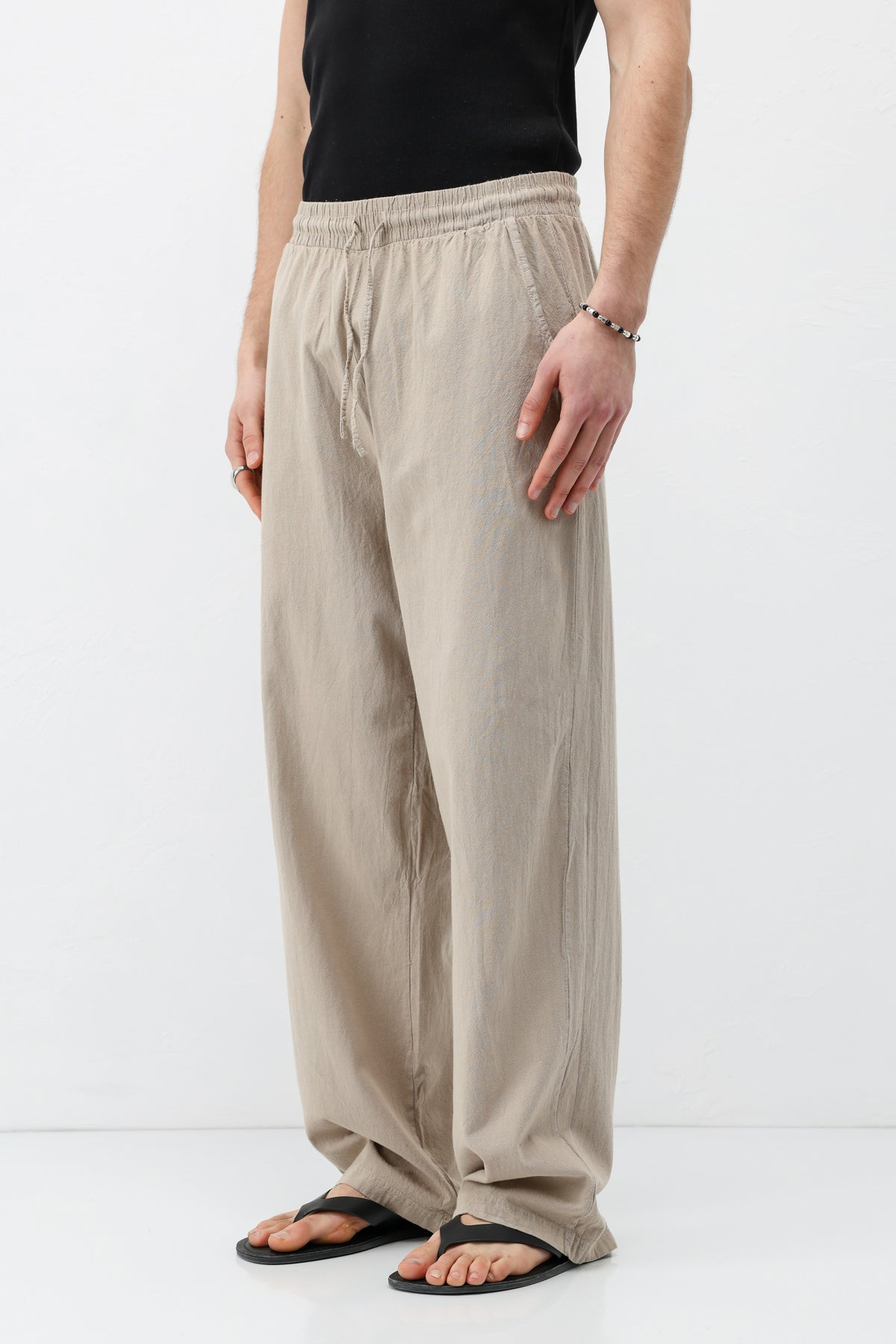 Bel Lastikli Baggy Fit Keten Pantolon Taş