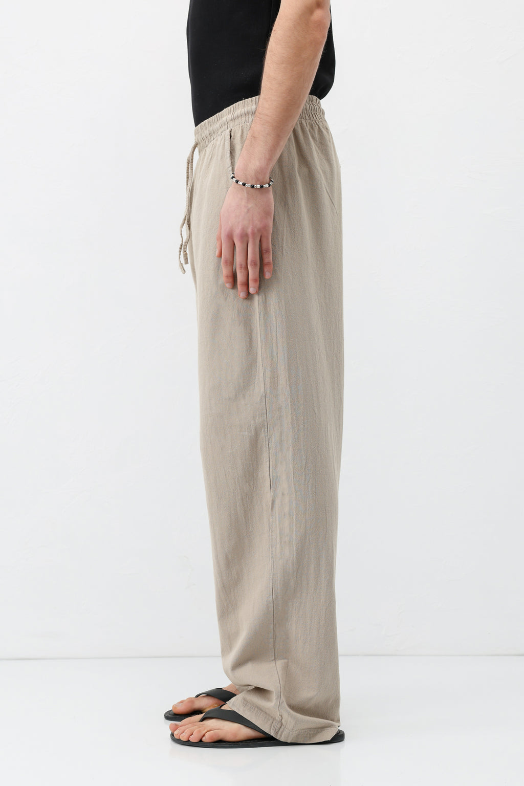 Bel Lastikli Baggy Fit Keten Pantolon Taş