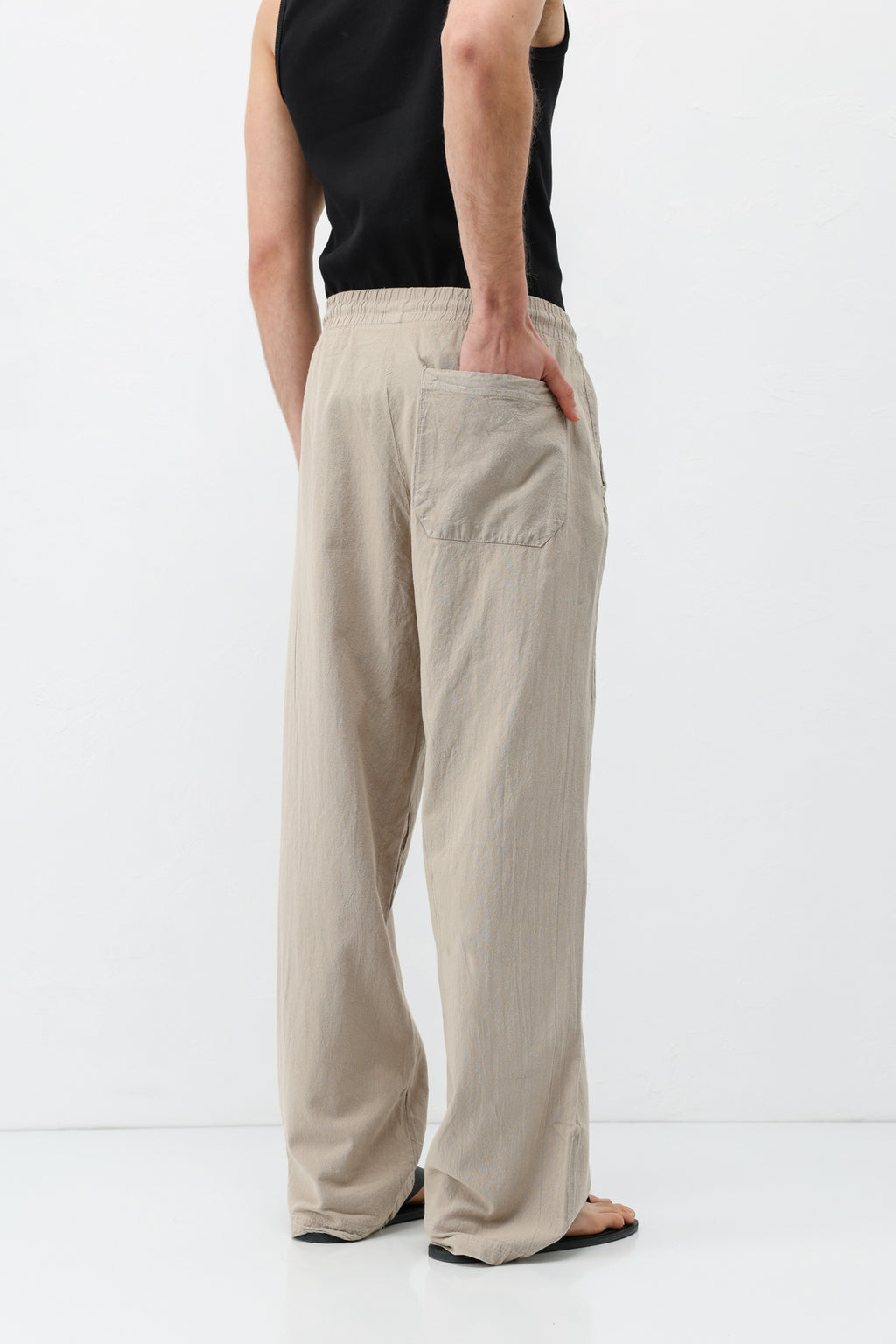 Bel Lastikli Baggy Fit Keten Pantolon Taş