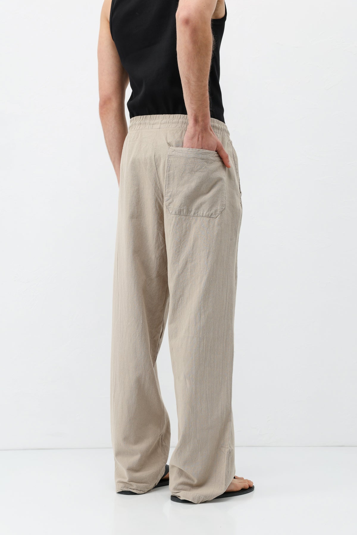 Bel Lastikli Baggy Fit Keten Pantolon Taş