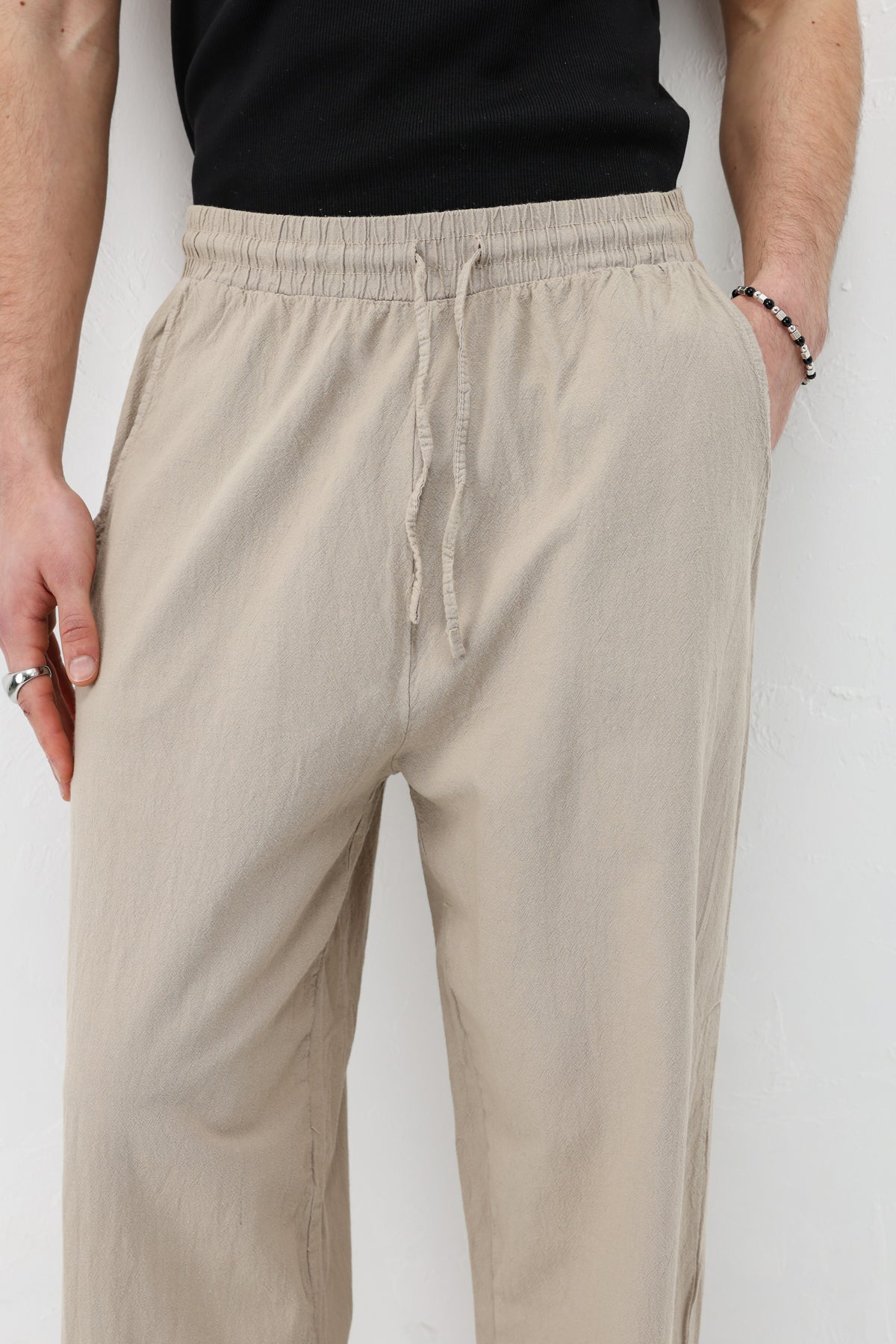 Bel Lastikli Baggy Fit Keten Pantolon Taş