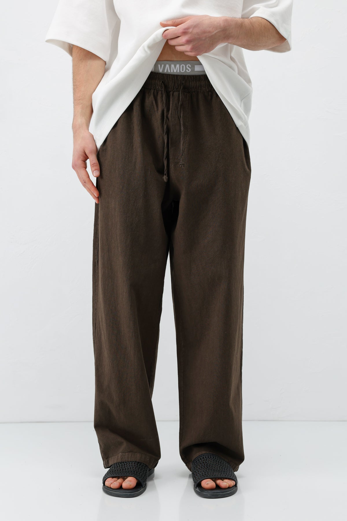 Bel Lastikli Baggy Fit Keten Pantolon Kahve